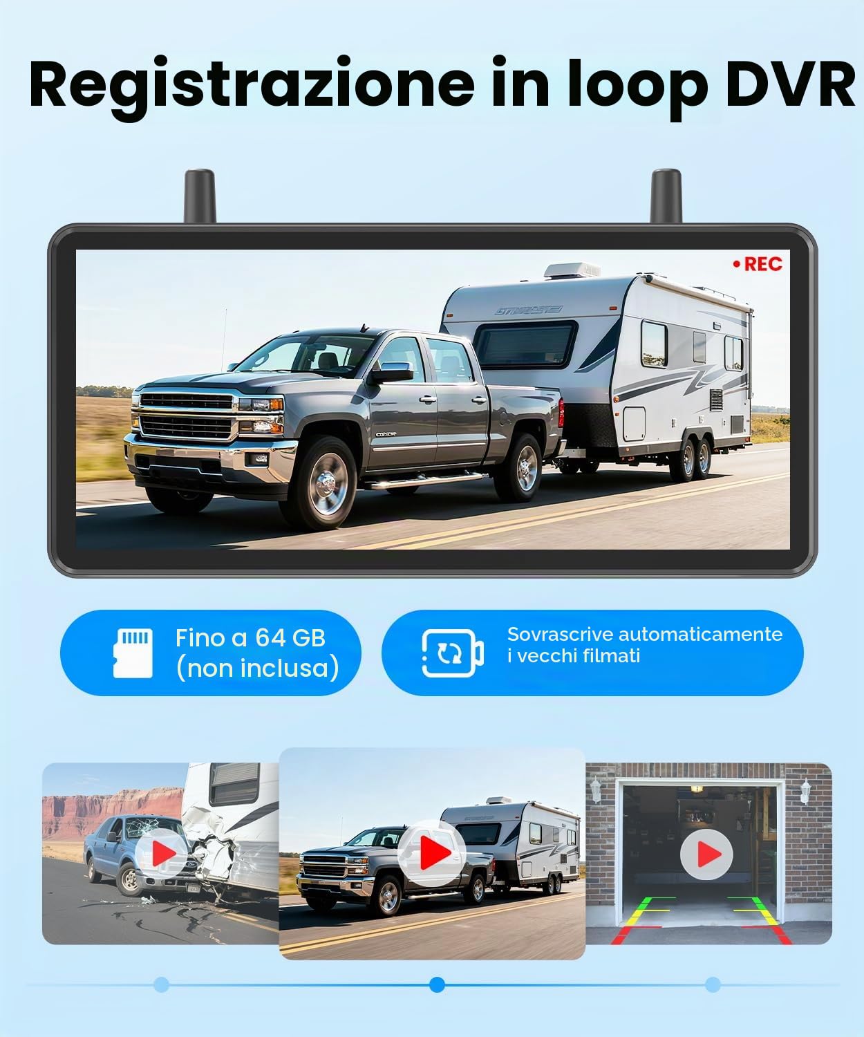 AUTO-VOX Telecamera di retromarcia wireless a energia solare, 18,2 cm, HD 1080P, installazione rapida in 2 minuti, kit telecamera inversa con schermo diviso per auto, furgoni, SUV, camion e camper