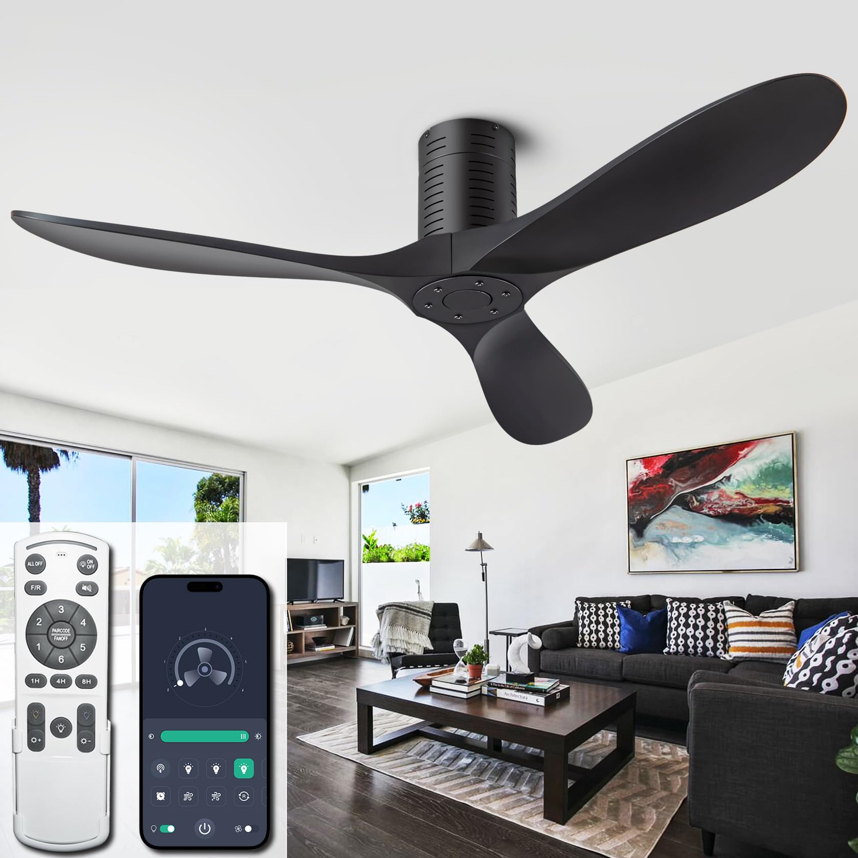 52” Flush Mount Ceiling Fans No Lights and Remote/APP Control, 6 Speed DC Motor, Low Profile Ceiling Fan Without Light for Bedroom, Hallway,Indoor/Outdoor(Matte Black)