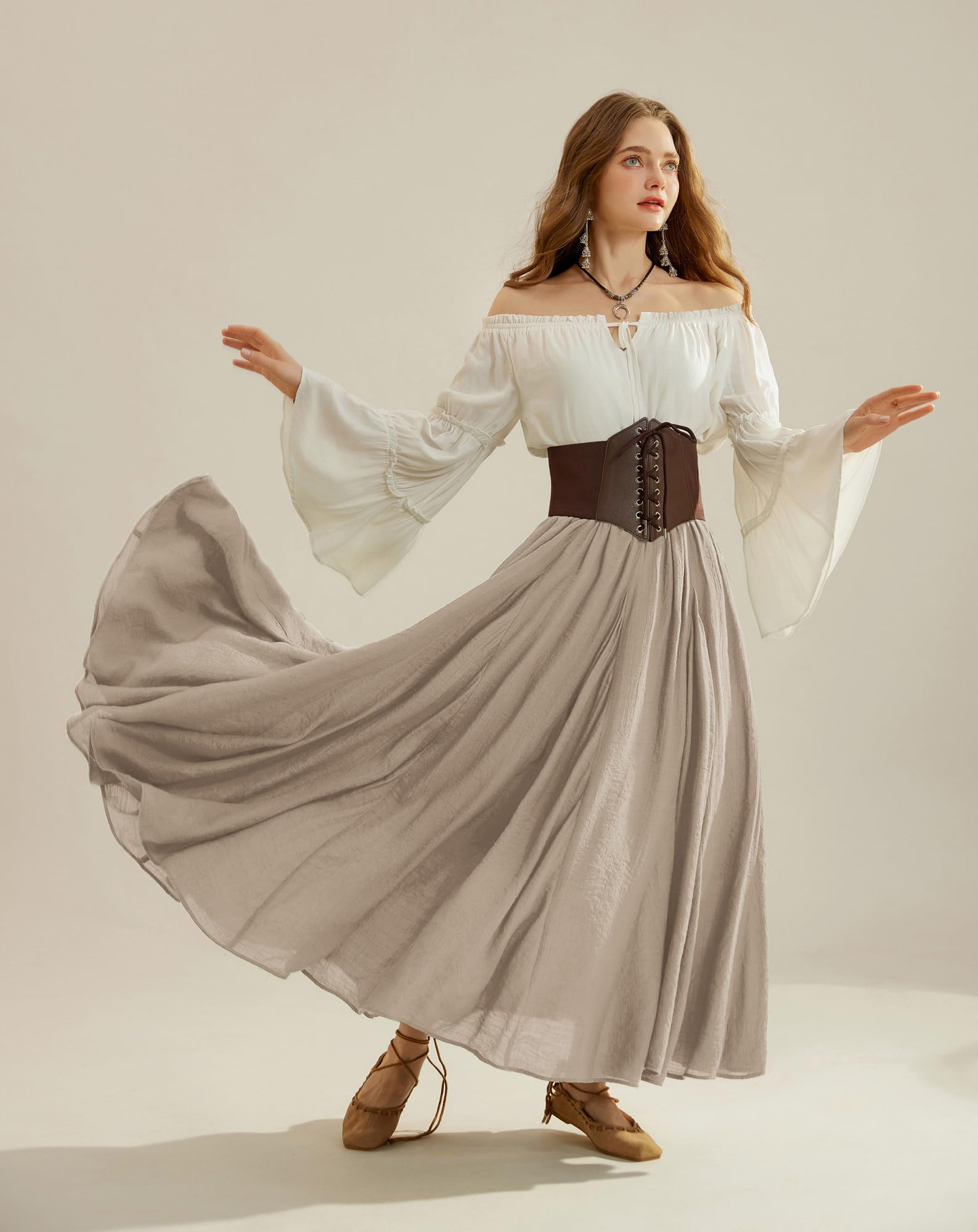 SCARLET DARKNESS Damen Mittelalter Maxirock Hohe Elastische Taille Lang Freizeitrock mit Taschen