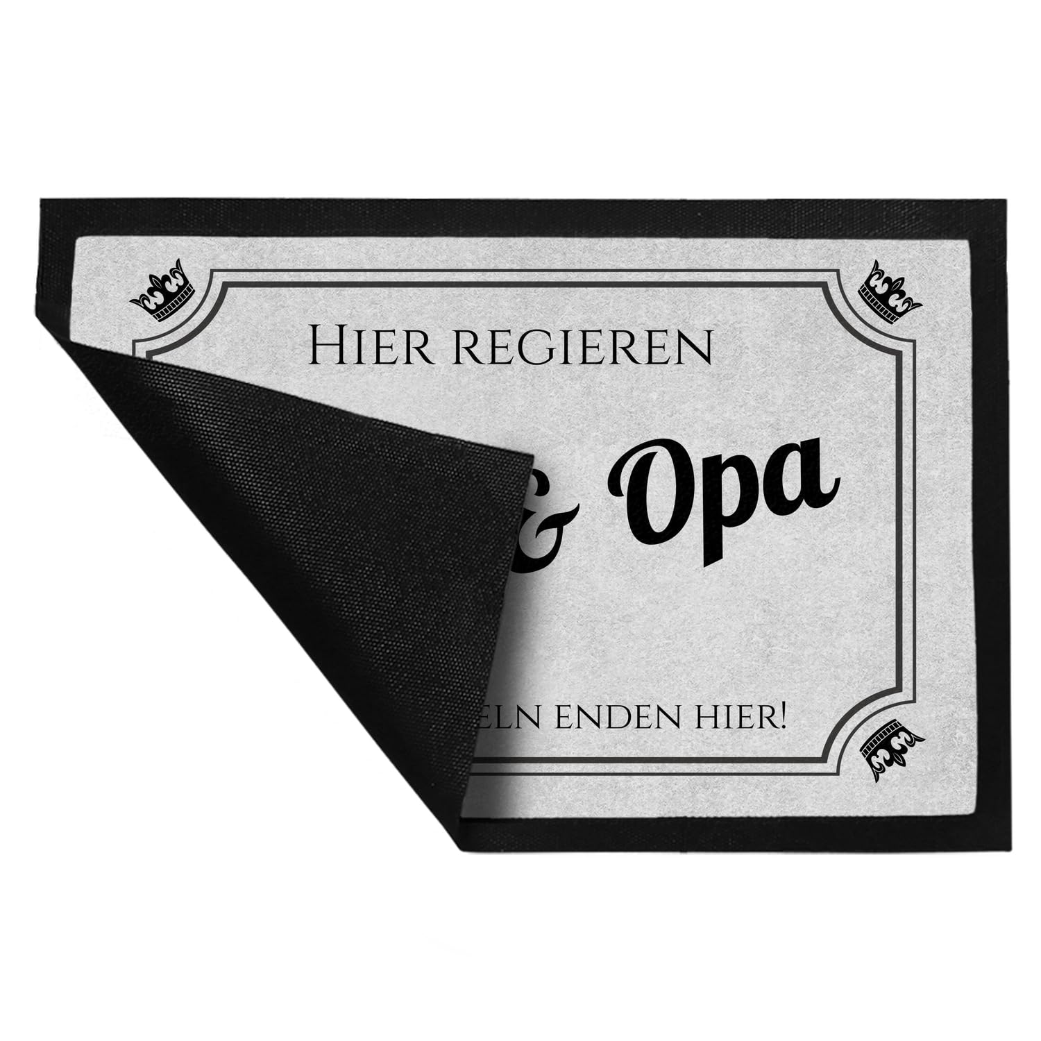 trendaffe - Hier regieren Opa und Oma Fußmatte XXL in 50x75 cm - Elternregeln Enden Hier in grau mit Krone die Eltern-Regeln Schmutzfangmatte als Geschenk zum Geburtstag, Weihnachten oder