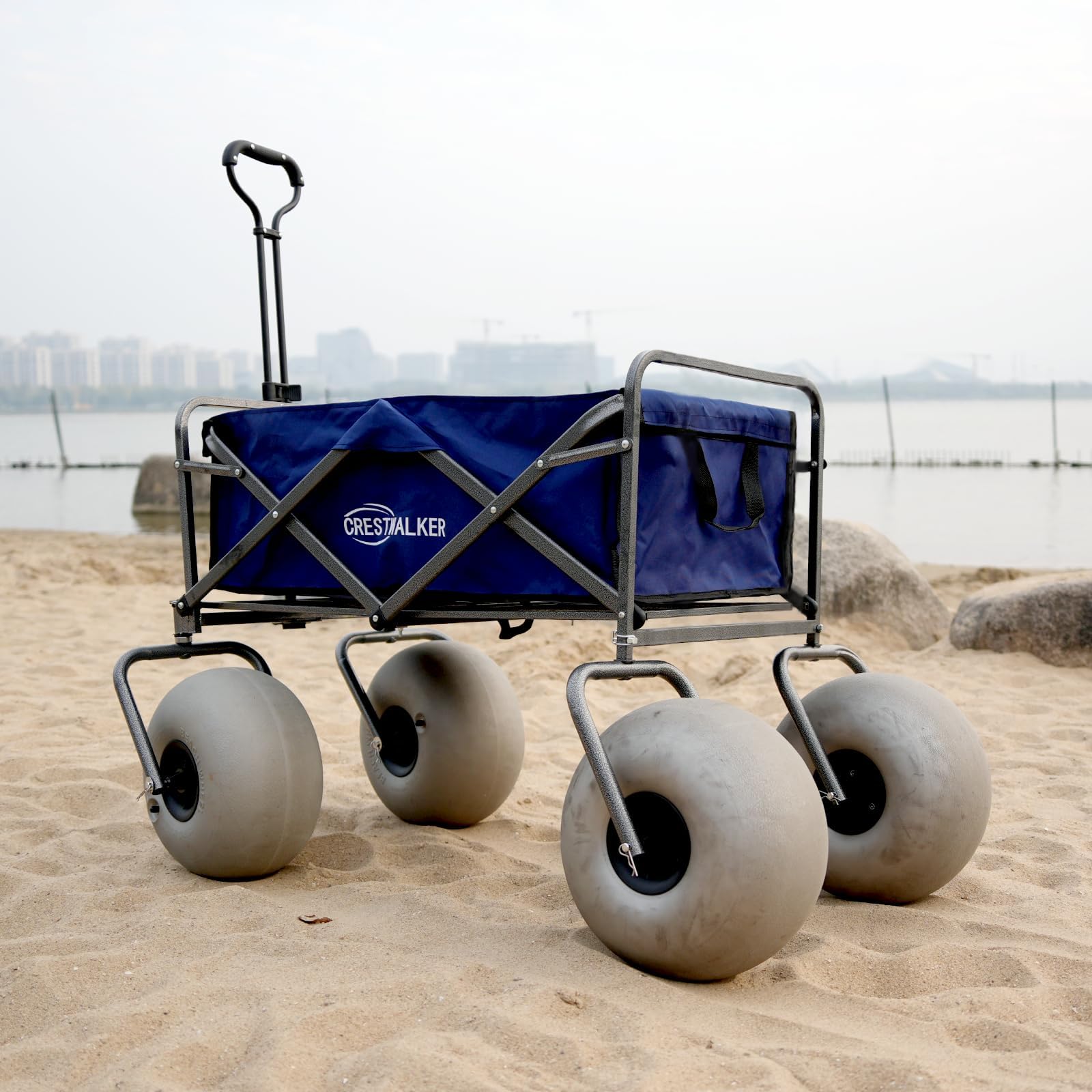 Beach Wagon with Big Wheels for Sand, Collapsible Beach Cart with 13'' Balloon Wheels (Pump Included)