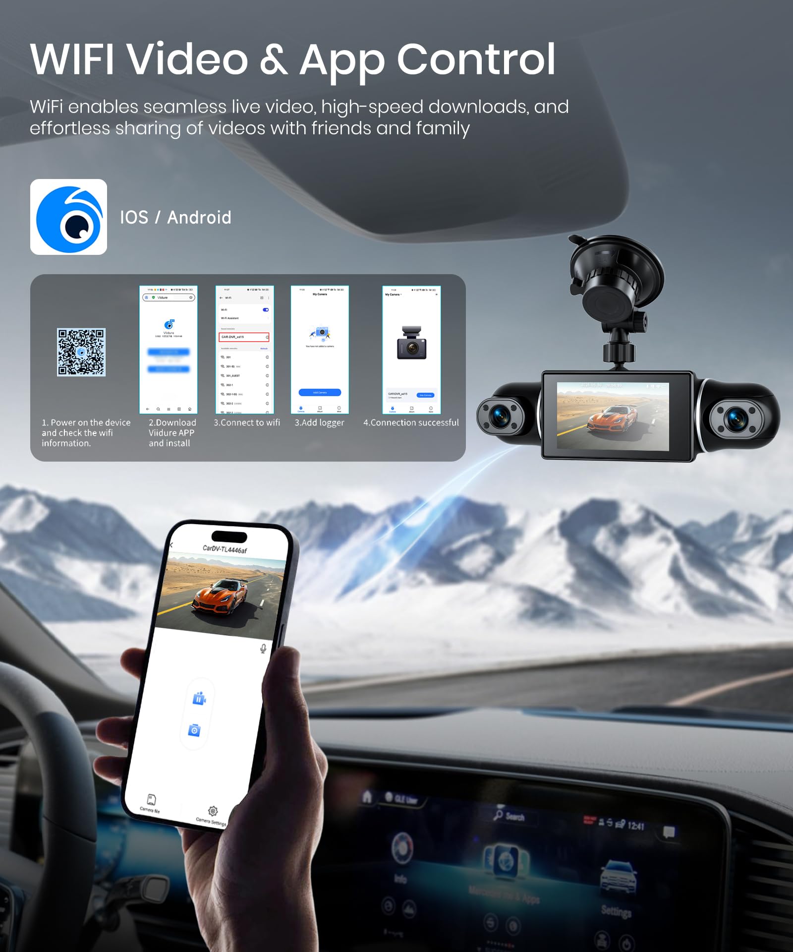 360° 4 Canales WiFi Dashcam para Coche 2K+1080P, Delantera y Trasera Izquierda Derecha, 3 Pulgadas IPS WiFi Dash CAM con Visión Nocturna 8 IR WDR/Control de App/Vídeo en Bucle/24H Monitor/G-Sensor