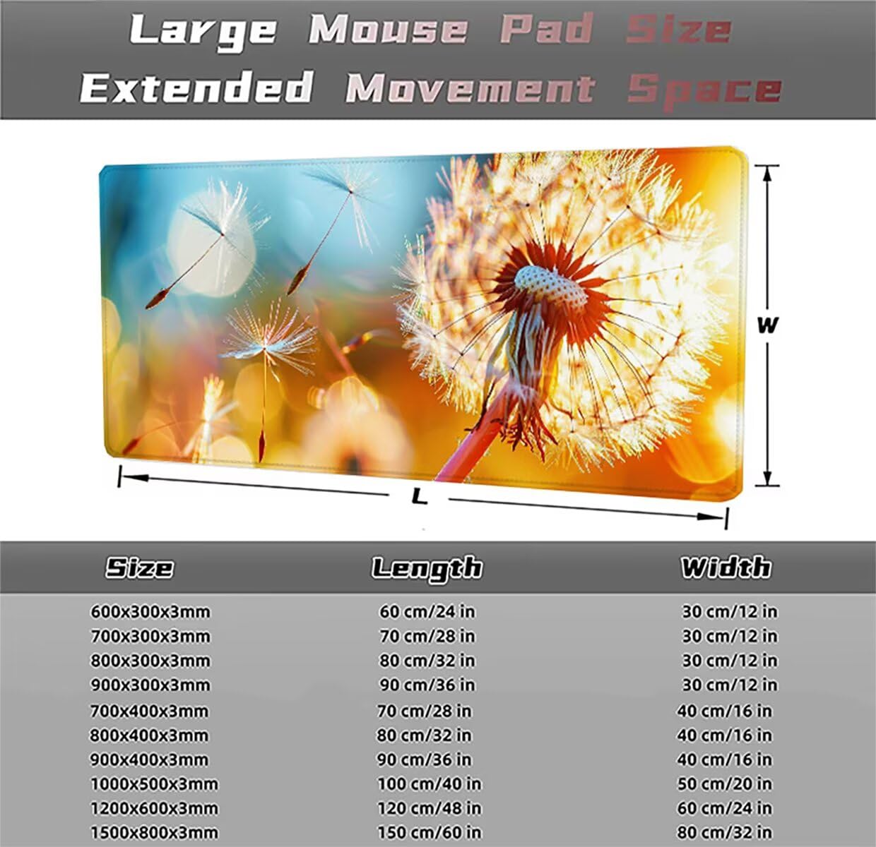 Alfombrilla Ratón Gaming XXL, Gaming Mouse Pad 1500x800x3mm, Protector Escritorio Antideslizante, Alfombrilla de Ratón Diente de leóN Flor Mousepad Grande Tapete Raton Jugadores PC Oficina LMDT2394