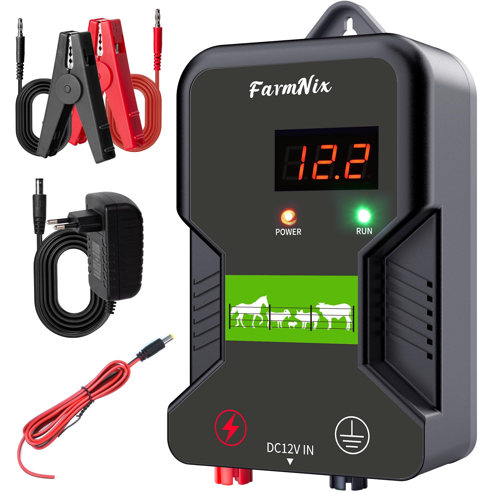 Recinto Elettrico per Animali a 12V con Display a LED, Portata 15 km, 2 Joule Elettrificatore per Recinto Elettrico 12KV per La Protezione di Bestiame, Pascoli Centralina di Controllo(Nero Grigio)