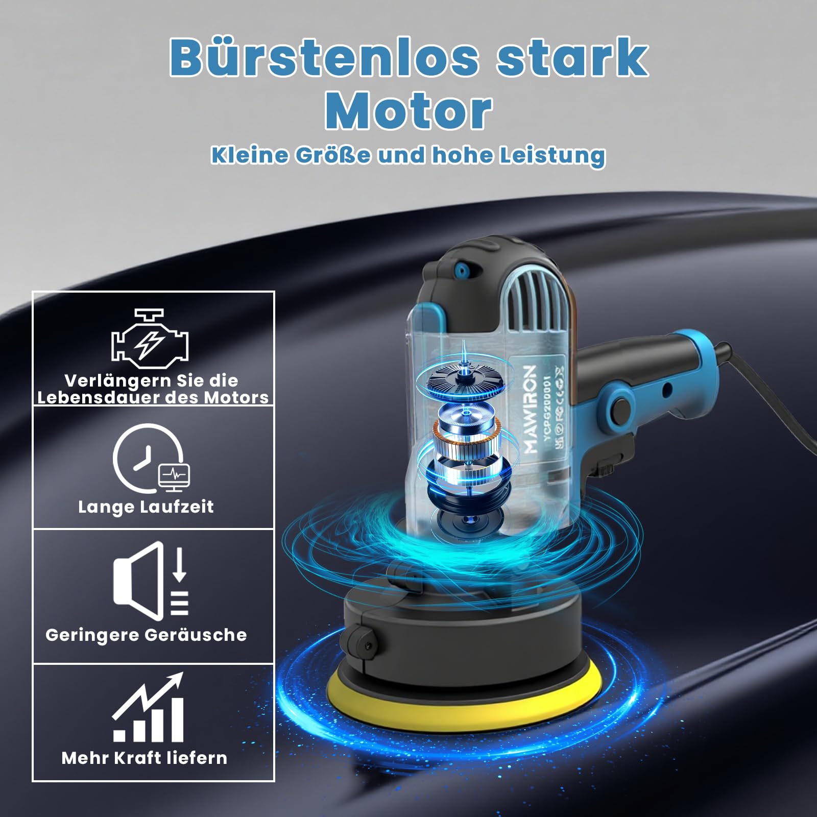 Pulidora profesional con control de velocidad de 6 niveles (1000-3000 rpm) y vibración excéntrica, para reacondicionamiento de coches, corrección de pintura, encerado（250W）