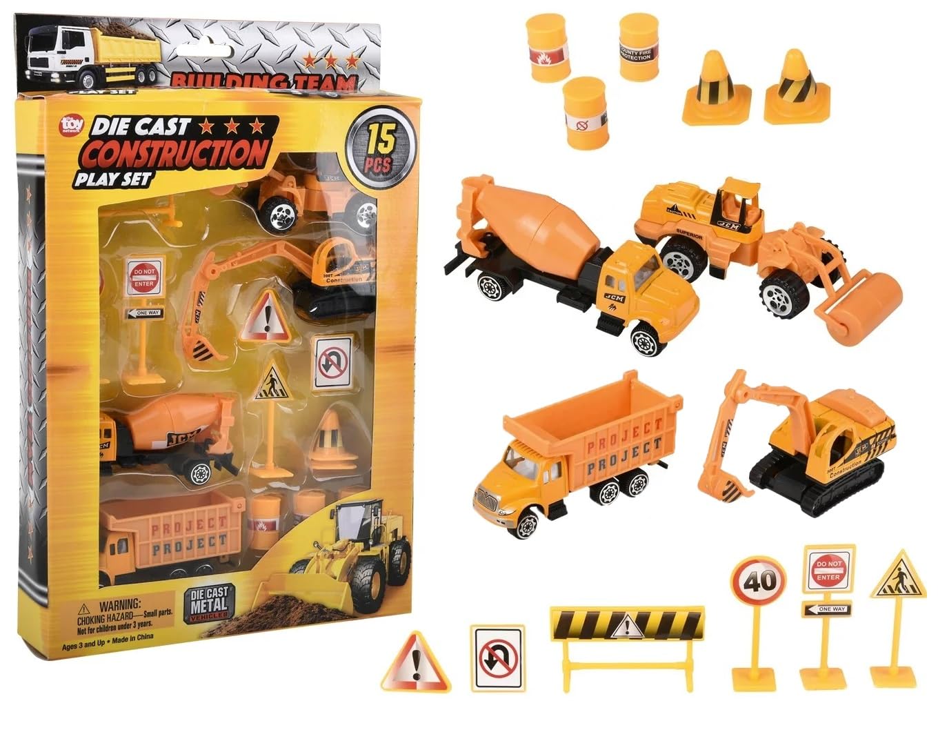 Die Cast Construction Vehicles Play Set (15 Piece Per Set) Project Work Excavator, Tractor, Cement Truck, Dump Truck, Asphalt Roller, Backhoe and Many