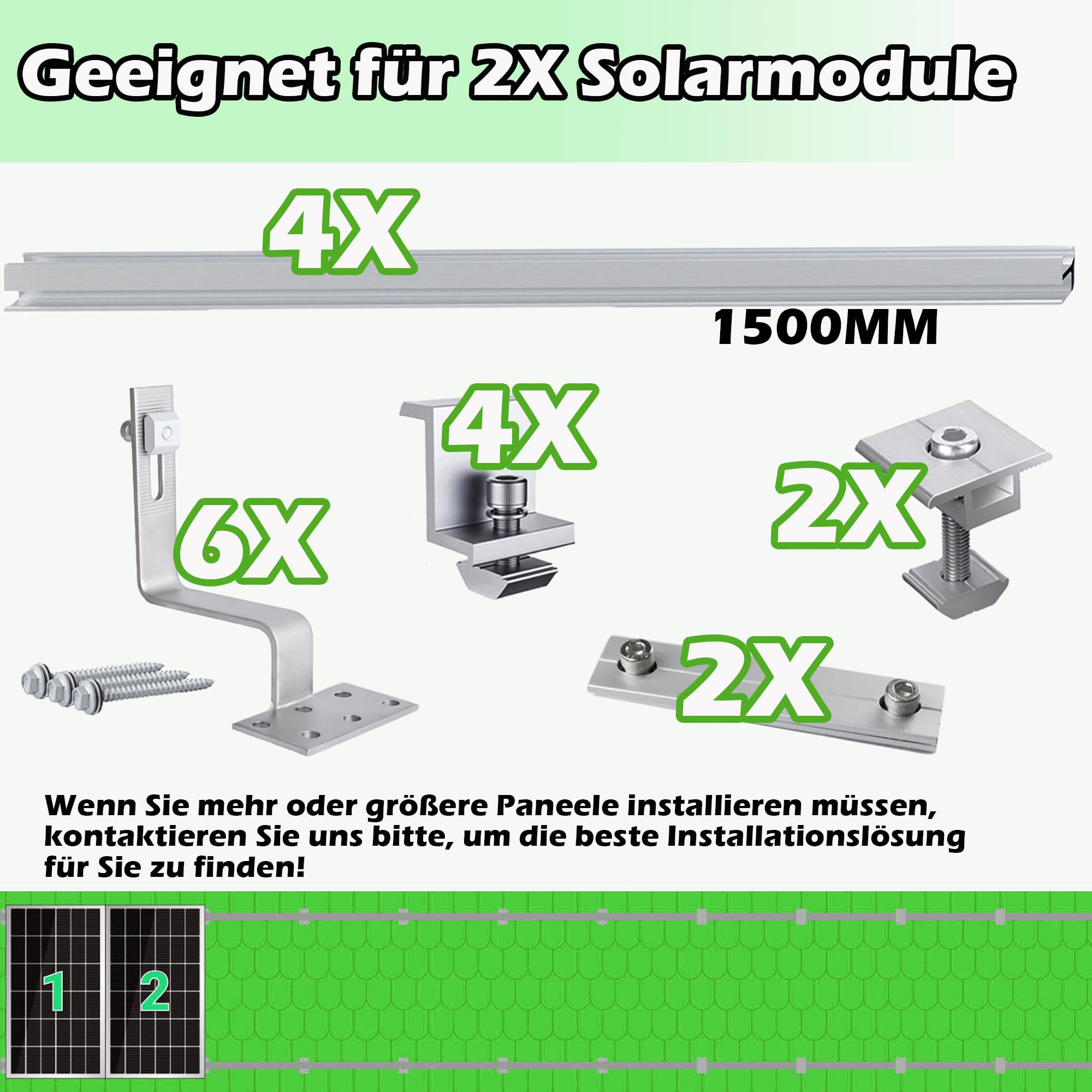 Warmfay Juego de montaje para techo de tejas, aluminio 1500 mm, rieles de perfil continuos y ganchos para techo, módulo solar, tejas para 2 módulos, soporte solar para módulos fotovoltaicos, grosor de