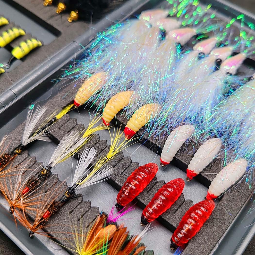Fliegenfischen Fliegen Kit, 24-100Pcs Künstliche Fliegenfischen Köder Köder mit trockenen/nassen Fliegen, Streamer, Forelle Angeln mit Box.