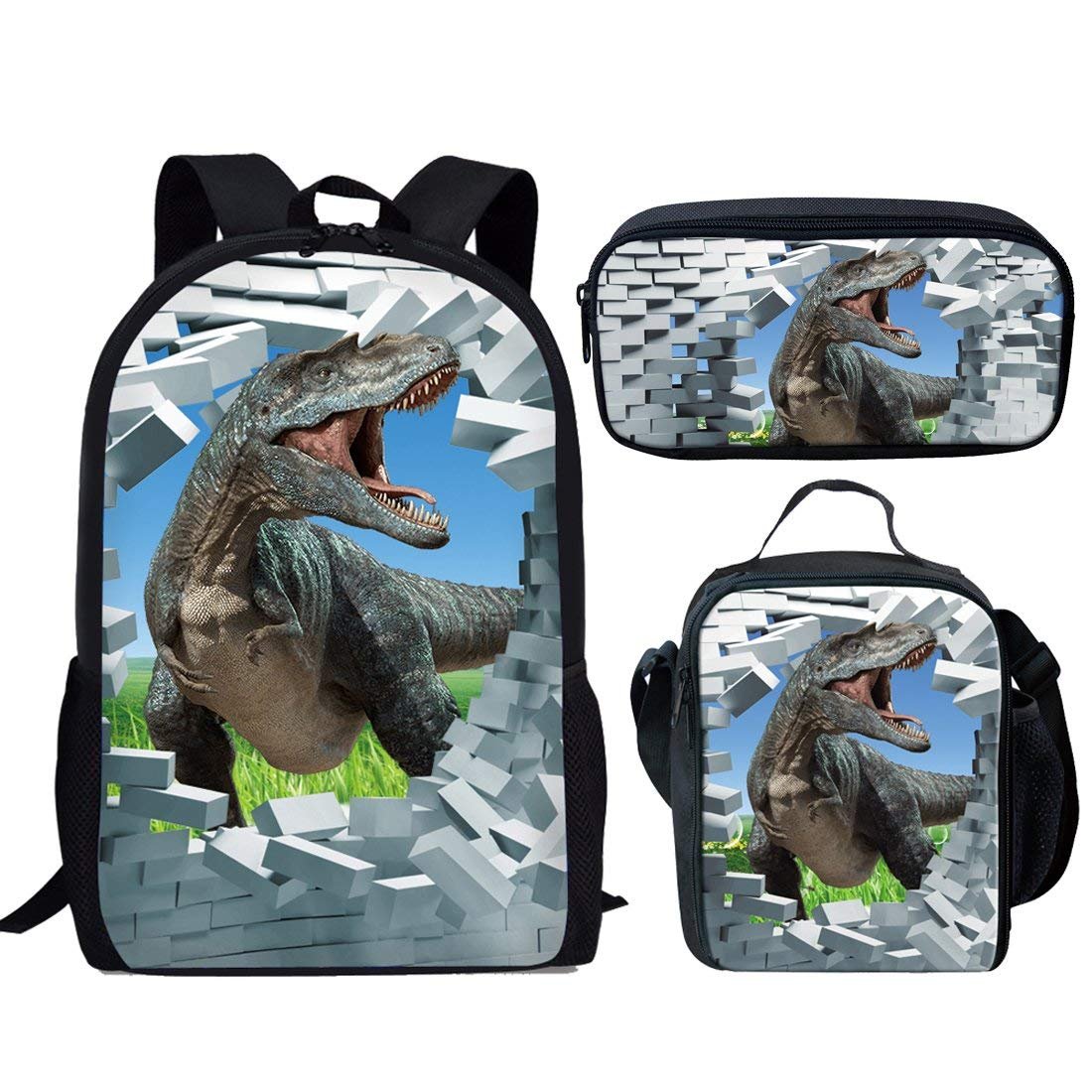 HUGS IDEA Cool Dinosaur T-rex Backpack Set Kids Boys School Bag and Lunchboxes Pencil Case