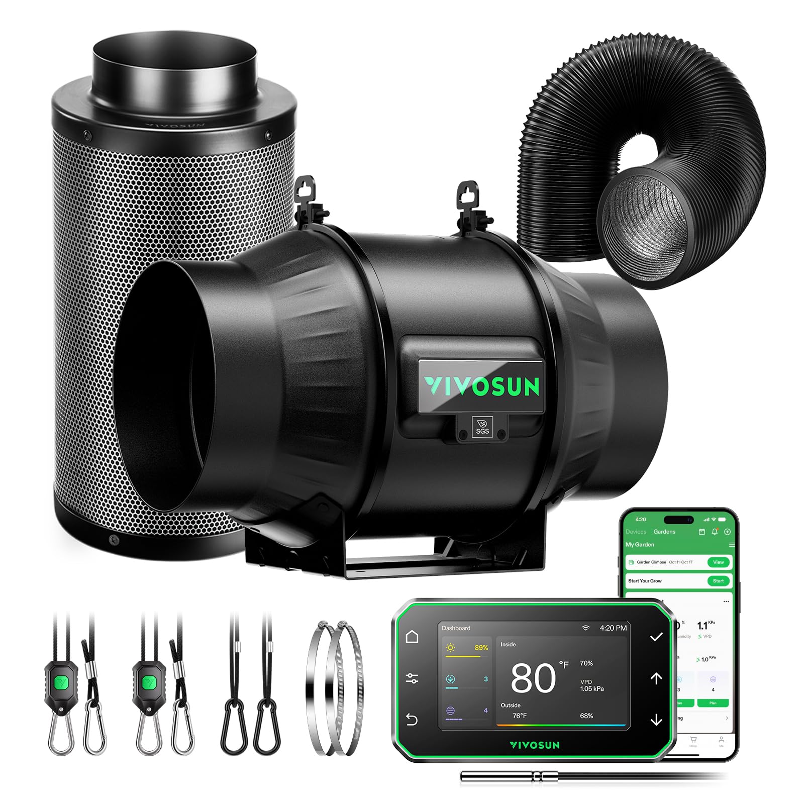 VIVOSUN Smart Air Filtration PRO T6 Kit 6", AeroZesh T6 Inline Duct Fan w/GrowHub E42A Temp. Humidity WiFi-Controller, Carbon Filter & Ducting, Cooling & Ventilation System for Grow Tent, Hydroponics