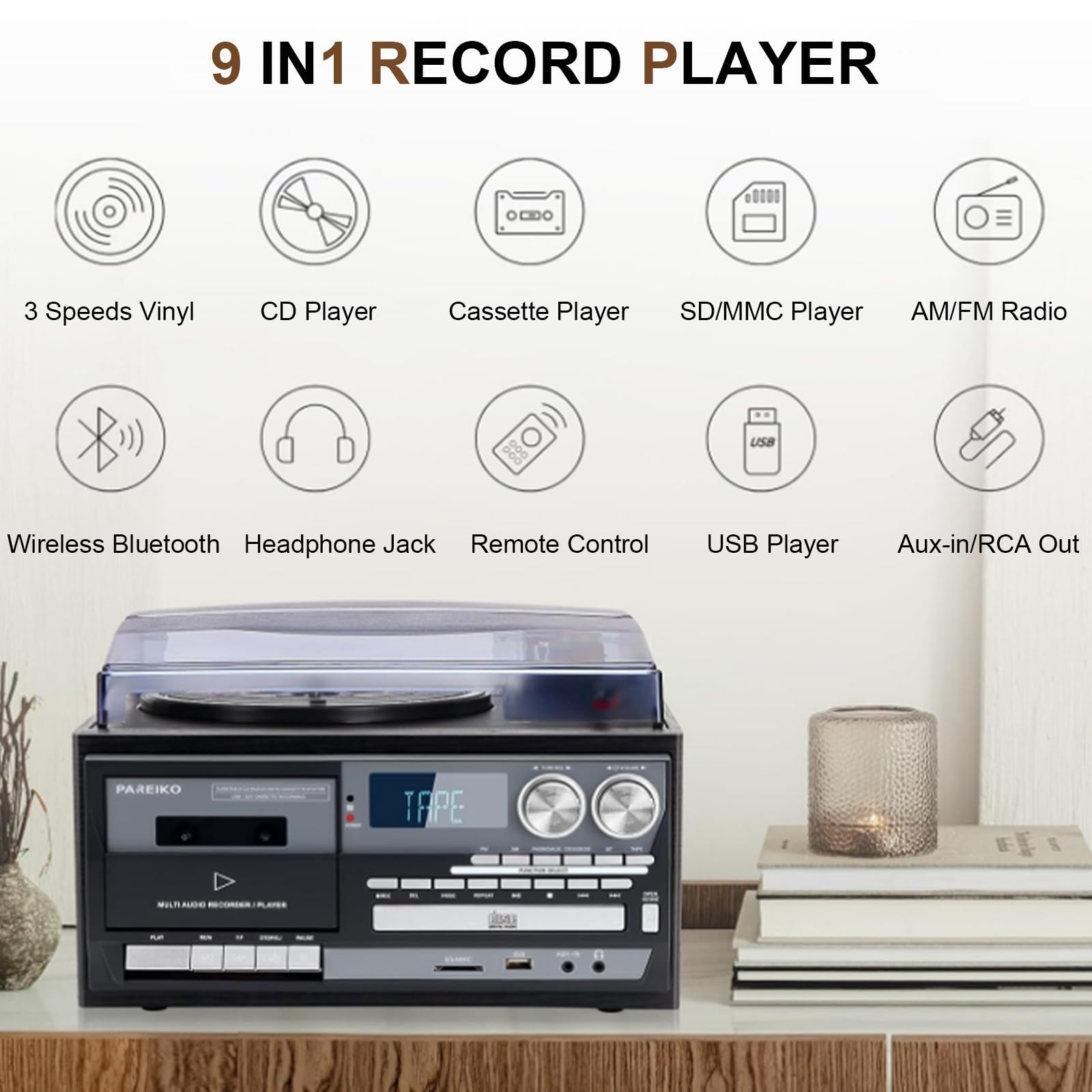 Tocadiscos 9 en 1 con radio AM/FM, USB, SD/MMC, CD, casete, tocadiscos de 3 velocidades para reproducción de vinilo, CD y casete