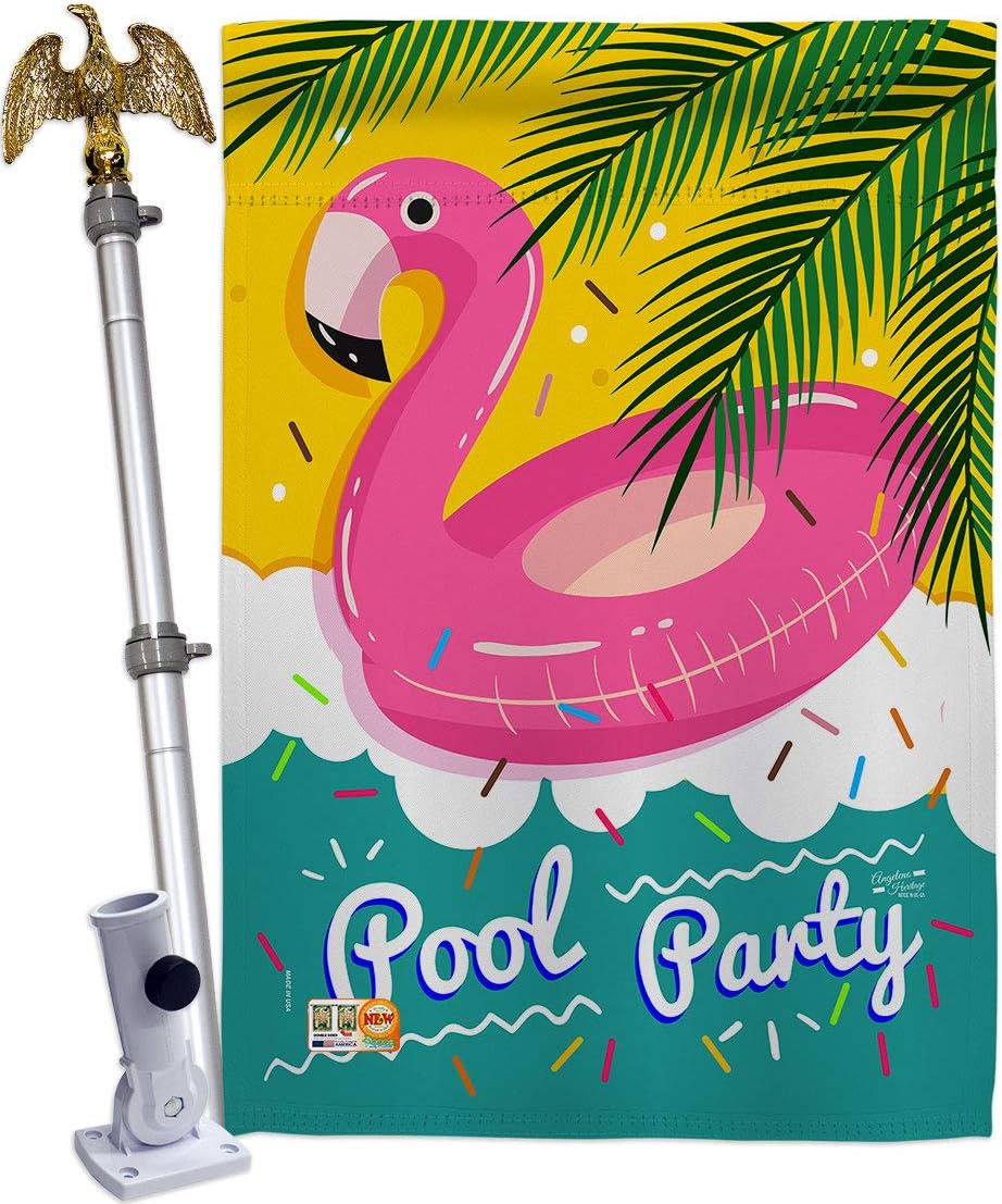 Summer Pool Party House Flag Dowel Set Summertime Fun and Sun Beach Luau Tropical Season Outdoor Sunny Small Decorative Gift Yard Banner Made In USA 28 X 40