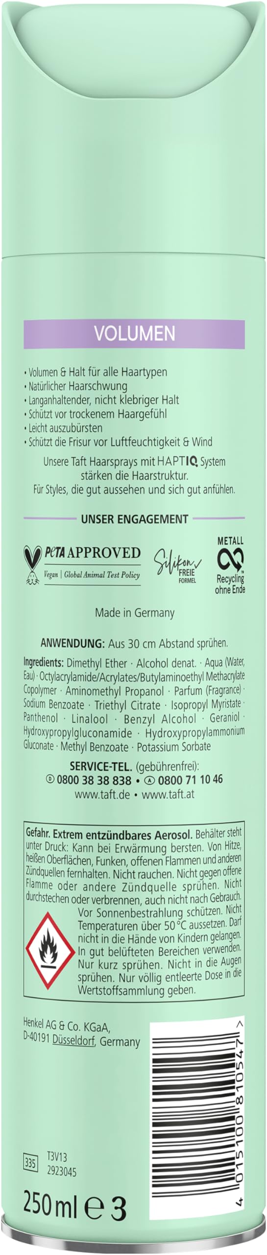 Schwarzkopf Taft lakier do włosów, pojemność (250 ml), 3 stopnie utrwalenia, lakier do włosów do wszystkich rodzajów włosów, spray do włosów o dużej objętości, wegańska formuła *