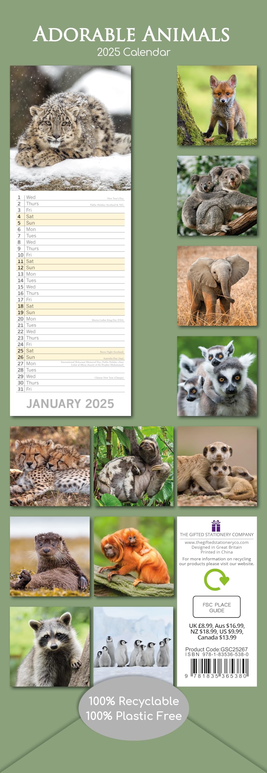2025 Slimline Wall Calendar, Adorable Animals, 12-Month Animals Theme with 180 Reminder Stickers (14.5 x 42 CM) - Image 4