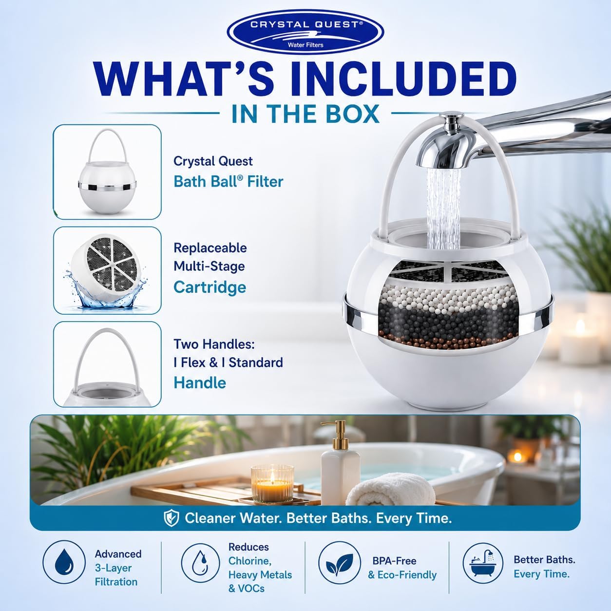 Crystal Quest Bath Ball Filter for Tub Faucet, Bathtub Water Filter, BPA-Free Bathtub Filter, Removes Chlorine, Lead & Impurities, Improves Skin, Hair & Nails, with Extra Cartridge - White