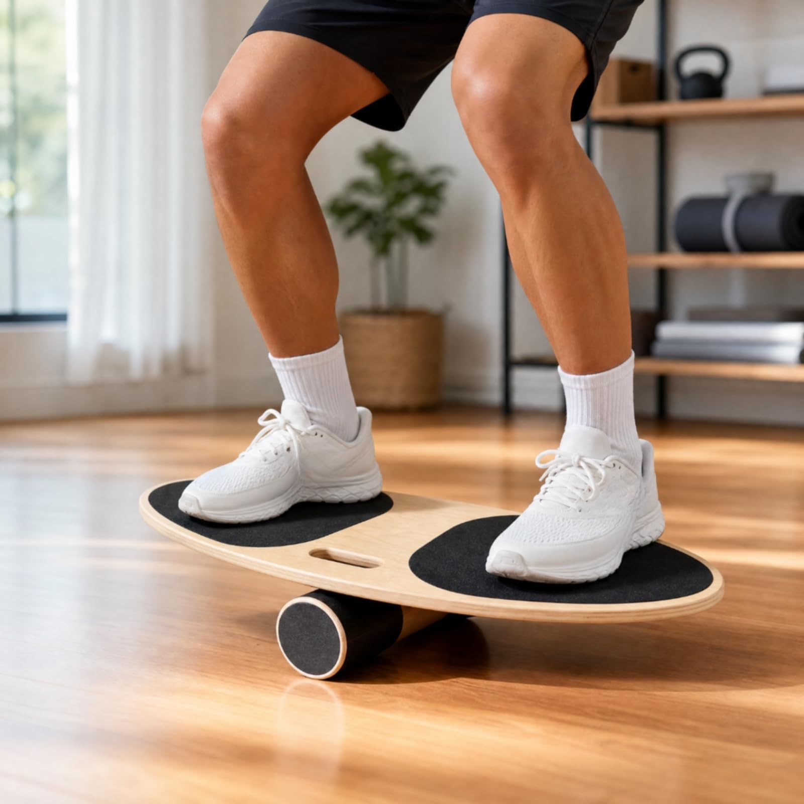 Tavola di Equilibrio con Impugnatura Centrale Portatile Tavola di Equilibrio in Legno da Casa Balance Board per Principianti, Condizionamento Sportivo