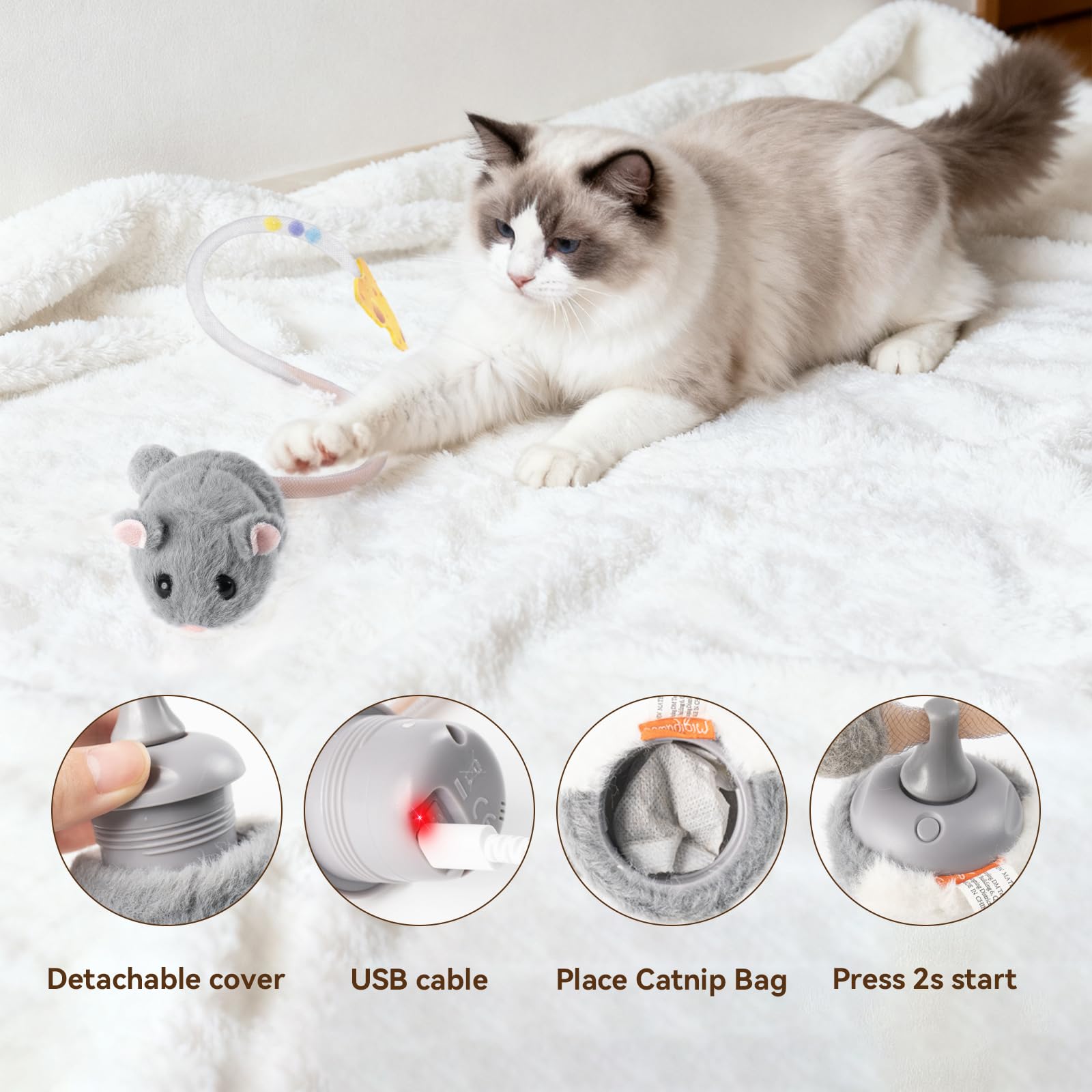 Migipaws Interactive MigiMouse Cat Toy 360° Rolling & Spin with Wiggling Tail for Indoor Cats Smart Motion Sensor, Realistic Squeak, Rechargeable Plush Kitten Toy(Grey) - image 6