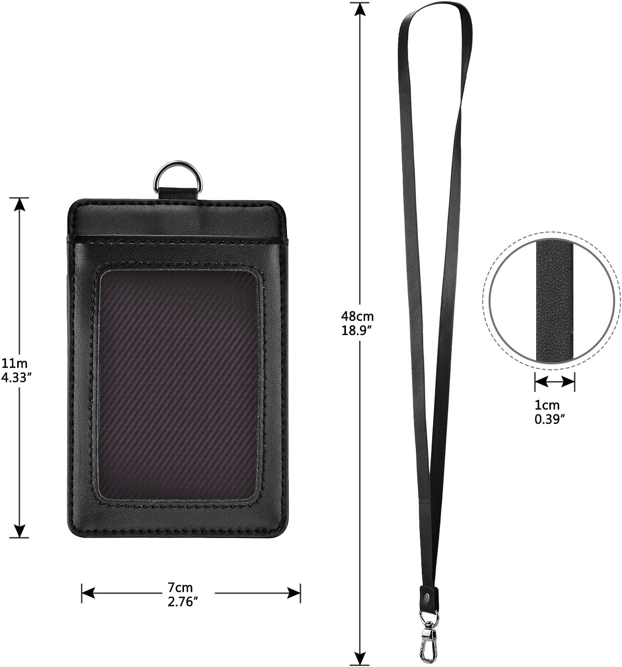 Fushing Leather Badge Holder with Lanyard, 2-Sided Vertical Genuine Leather ID Card Holder with 1 ID Window, 2 Card Slots, 1 Piece 18.9" PU Leather Detachable ID Lanyard with Swivel J Hook (Black)
