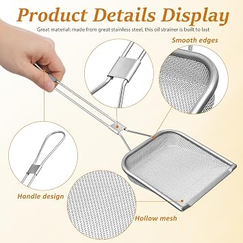 304 Stainless Steel Square Mesh Skimmer, Fine Mesh Colander Spoon with Long Handle, Heavy Duty Fry Ladle & Oil Fat Skimmer Scoop for Kitchen Deep Frying & Cooking, Silver