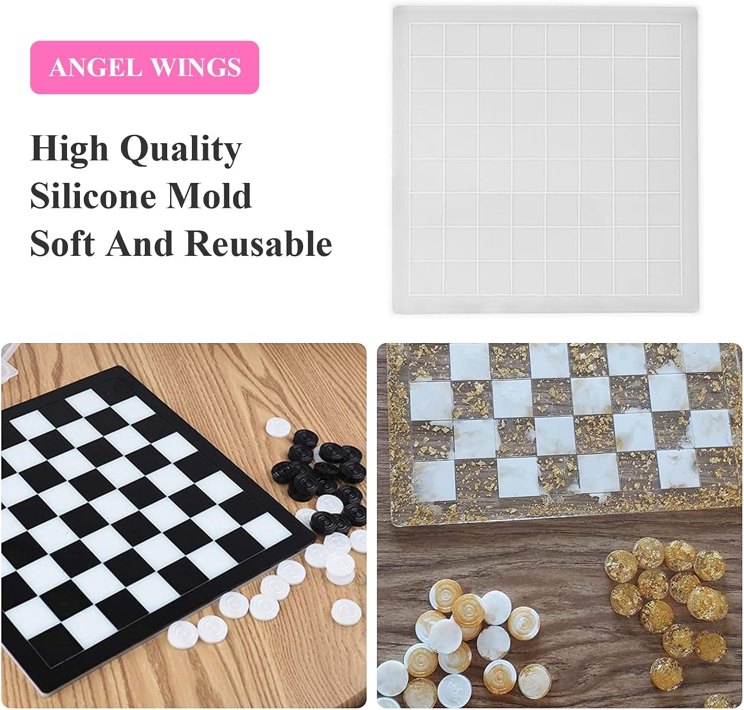 2Pcs Silicone Molds Set (1x Checker Silicone Mold + 1x Checker Board Mold) for DIY 3D Checker Game Board Chess Pieces Making Epoxy Resin Casting Mold