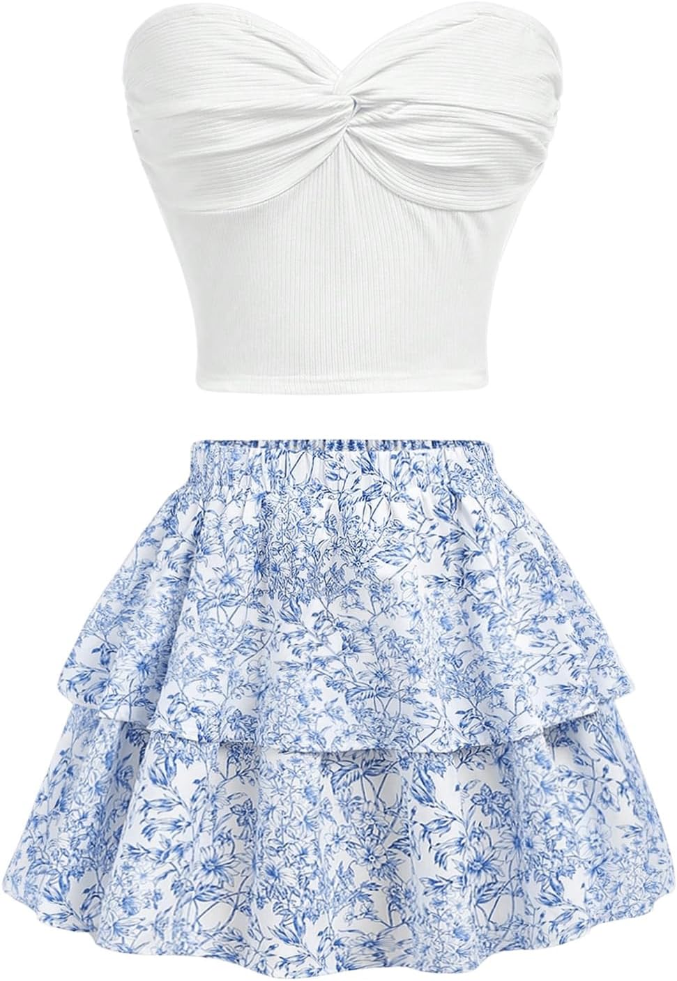Floerns Girl's Two Piece Outfit Twist Front Tube Top with Floral Layered Skirts Set