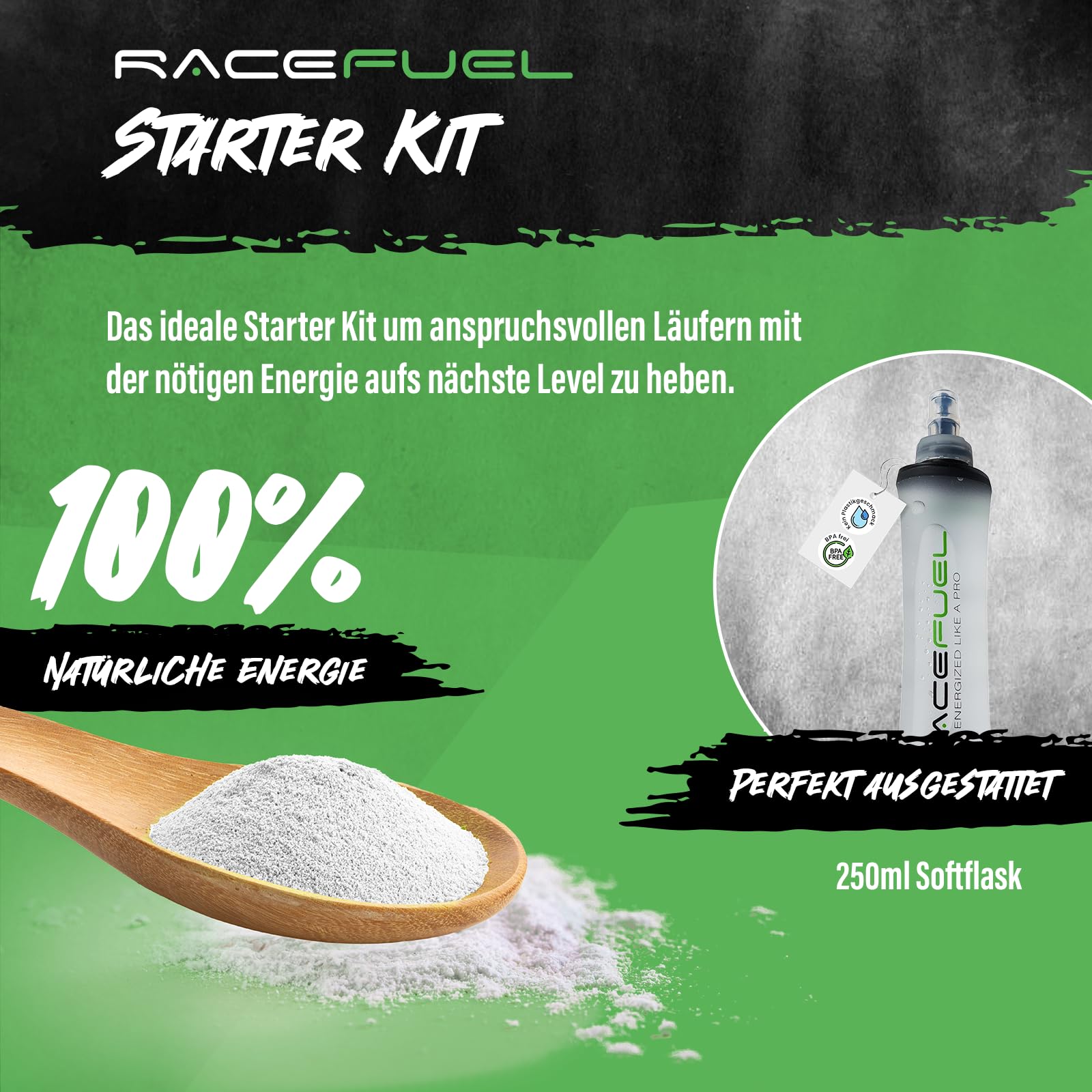 RaceFuel Energy Gel Kit zum Selbermachen für 84x32ml High-Performance Liquid Gel, 100% natürlich & veganes Energie-Gel, inkl. Rezeptrechner und 250ml faltbare Trinkflasche, Soft Flask, Gel for Energy