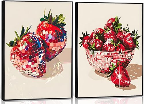 2 pósteres estéticos de pared de disco de fresa roja funky rojas, decoración de pared de fresas, coquetas, fresas, frutas, para apartamento de
