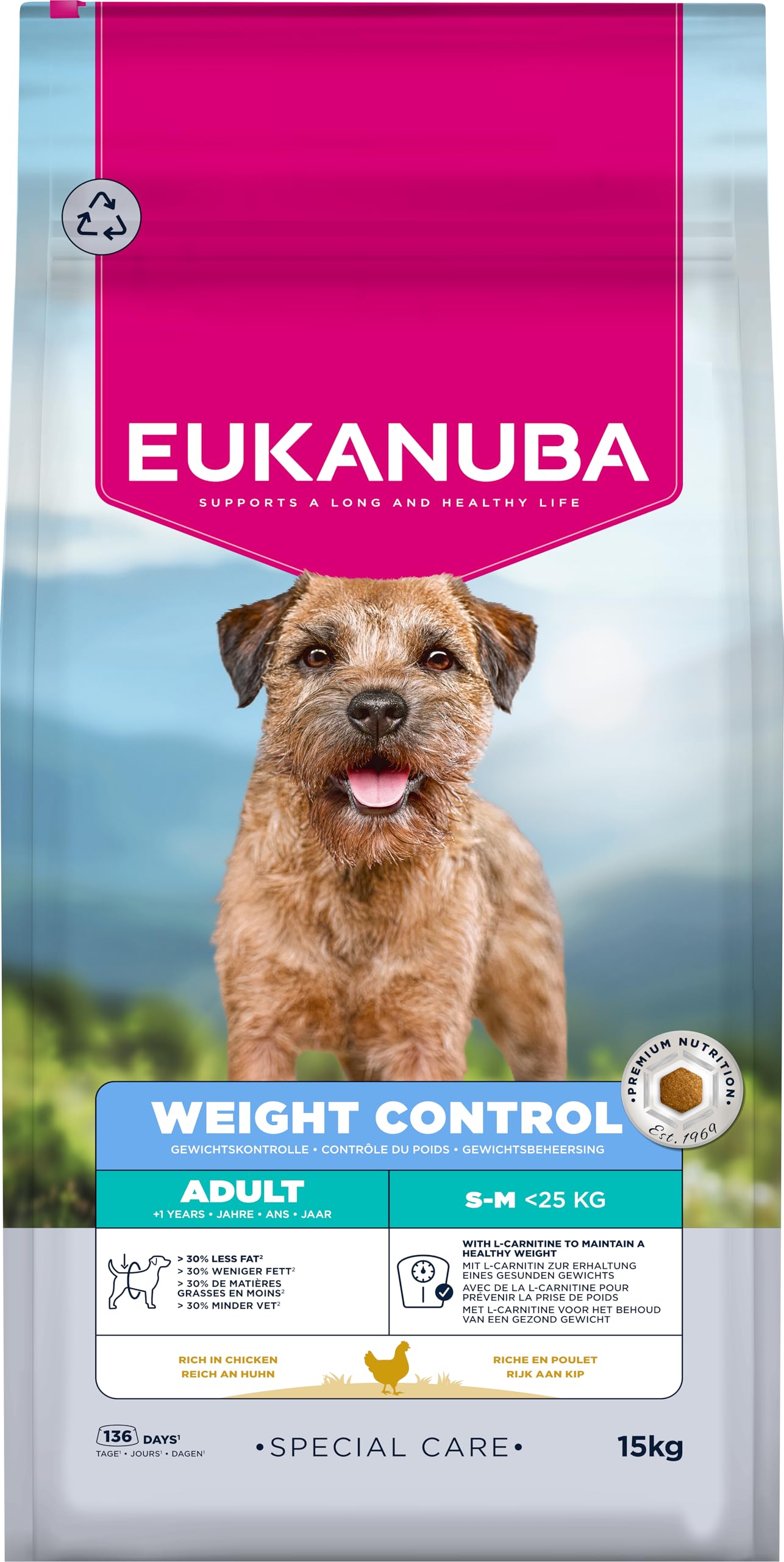 Eukanuba Weight Control crocchette con pollo per cani di taglia piccola e media - Cibo speciale a basso contenuto di grassi per il mantenimento del peso o per la dieta in caso di sovrappeso, 15 kg