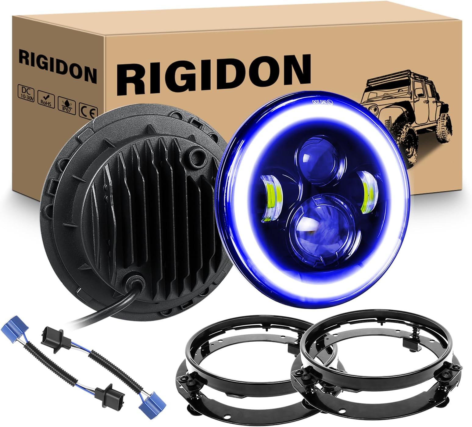 – RIGIDON 2PCS 7 Inch Round LED Headlight, 4 LED Motorcycle Headlight White DRL High/Low Beam Blue Halo Turn Signal Angle Eyes Light for Wrangler JK TJ LJ CJ Motorcycle Davidson with Mounting Brackets