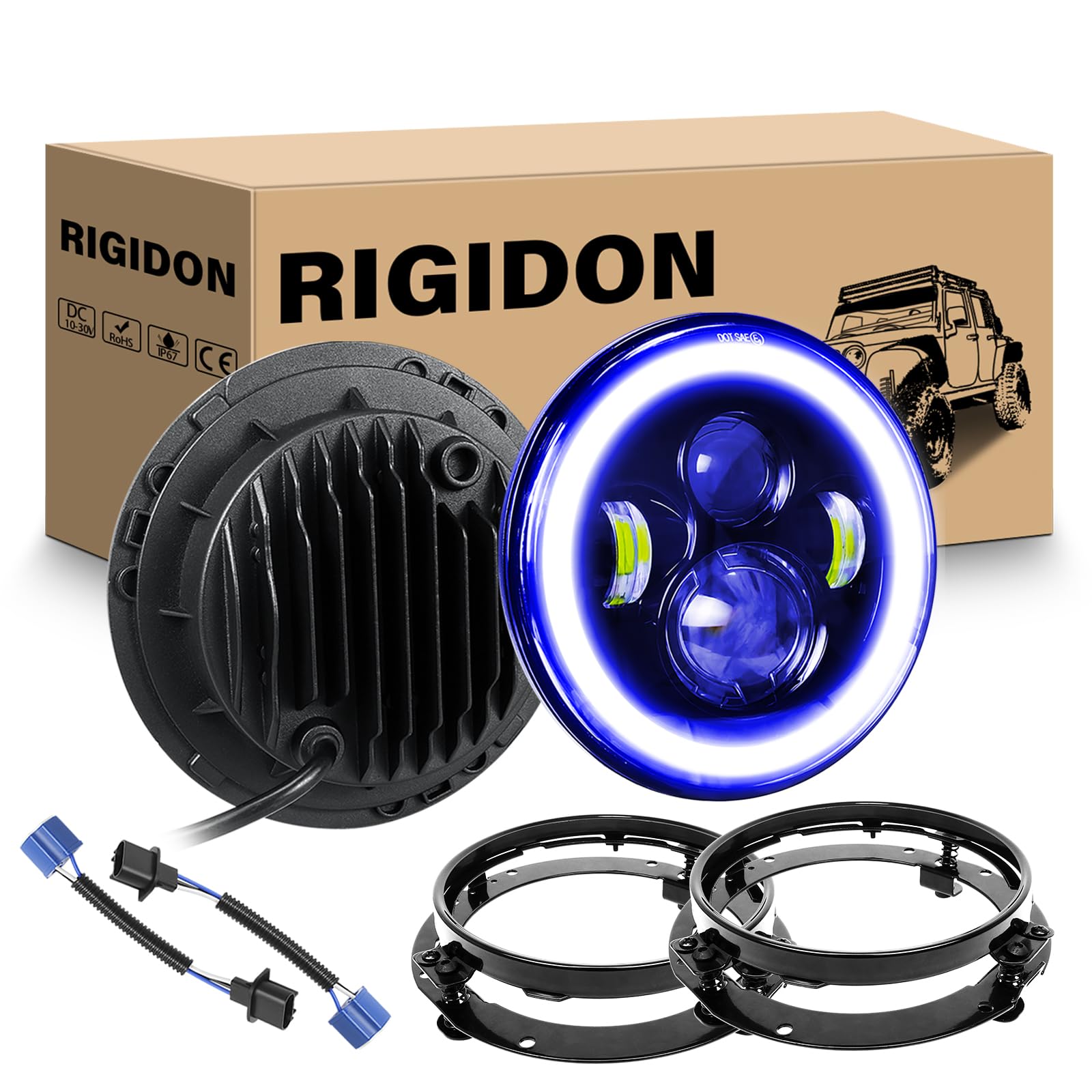 – RIGIDON 2PCS 7 Inch Round LED Headlight, 4 LED Motorcycle Headlight White DRL High/Low Beam Blue Halo Turn Signal Angle Eyes Light for Wrangler JK TJ LJ CJ Motorcycle Davidson with Mounting Brackets