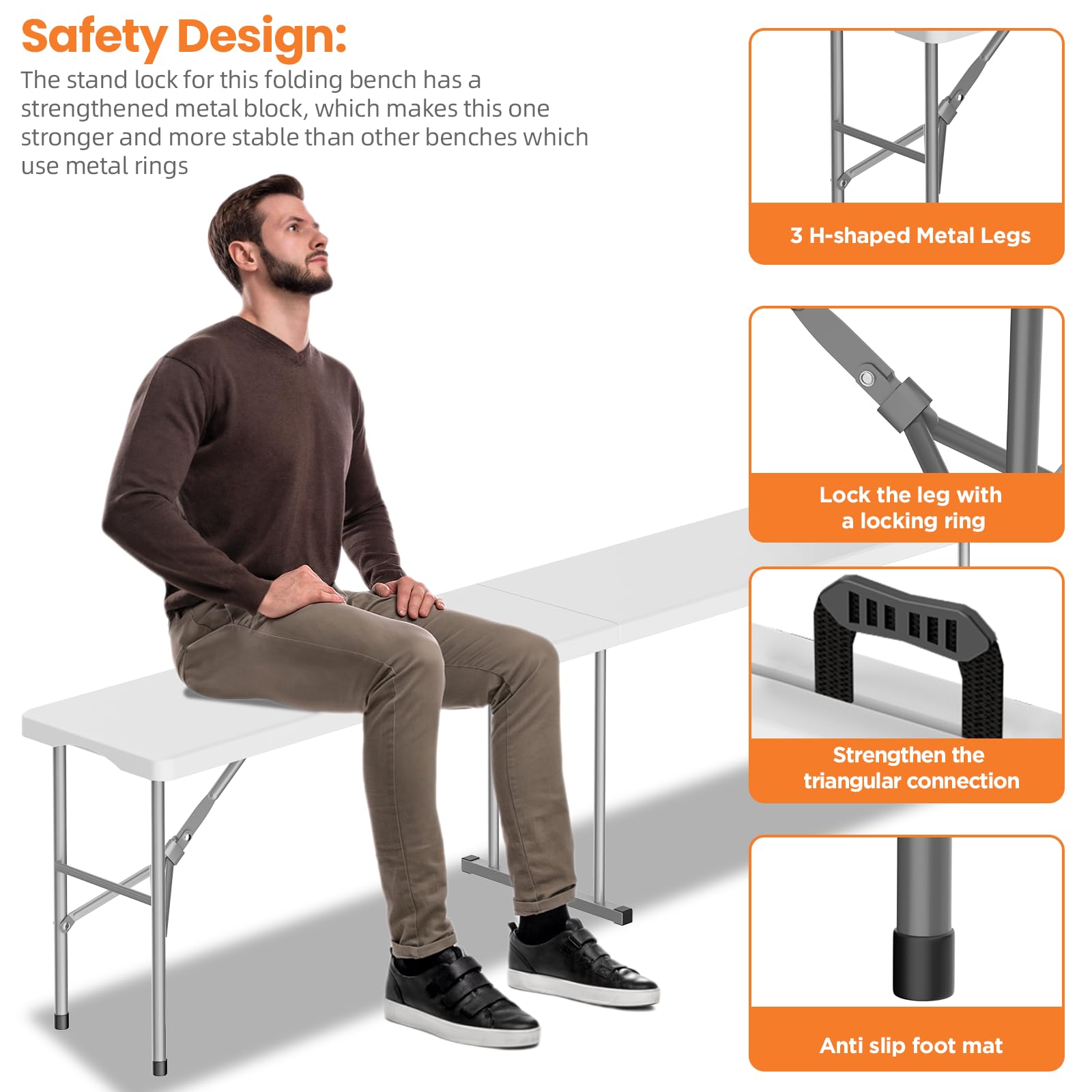 Banco plegable de 6 pies, banco de plástico plegable con asa y mesa de polietileno de alta densidad suave, asiento de picnic portátil en exteriores, camping, comedor, paquete de 2, color blanco 3