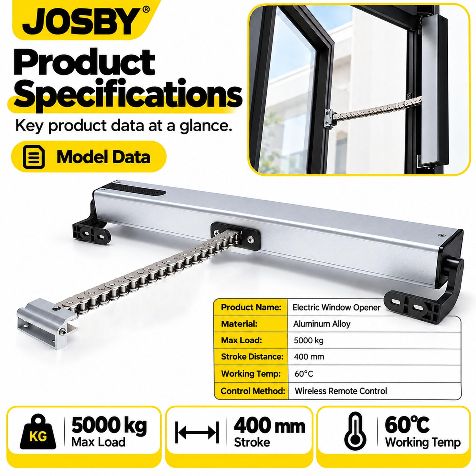 JOSBY Attuatore per Finestre A Catena per Impieghi Gravosi con Corsa di 400 Mm, Telecomando Wireless, Carico Massimo 5000 kg, in Lega di Alluminio, per Apertura E Chiusura Automatica di Finestre
