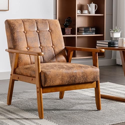 Silla moderna de mediados de siglo con marco de madera, sillón de lectura de piel sintética, silla decorativa para sala de estar, dormitorio, fácil