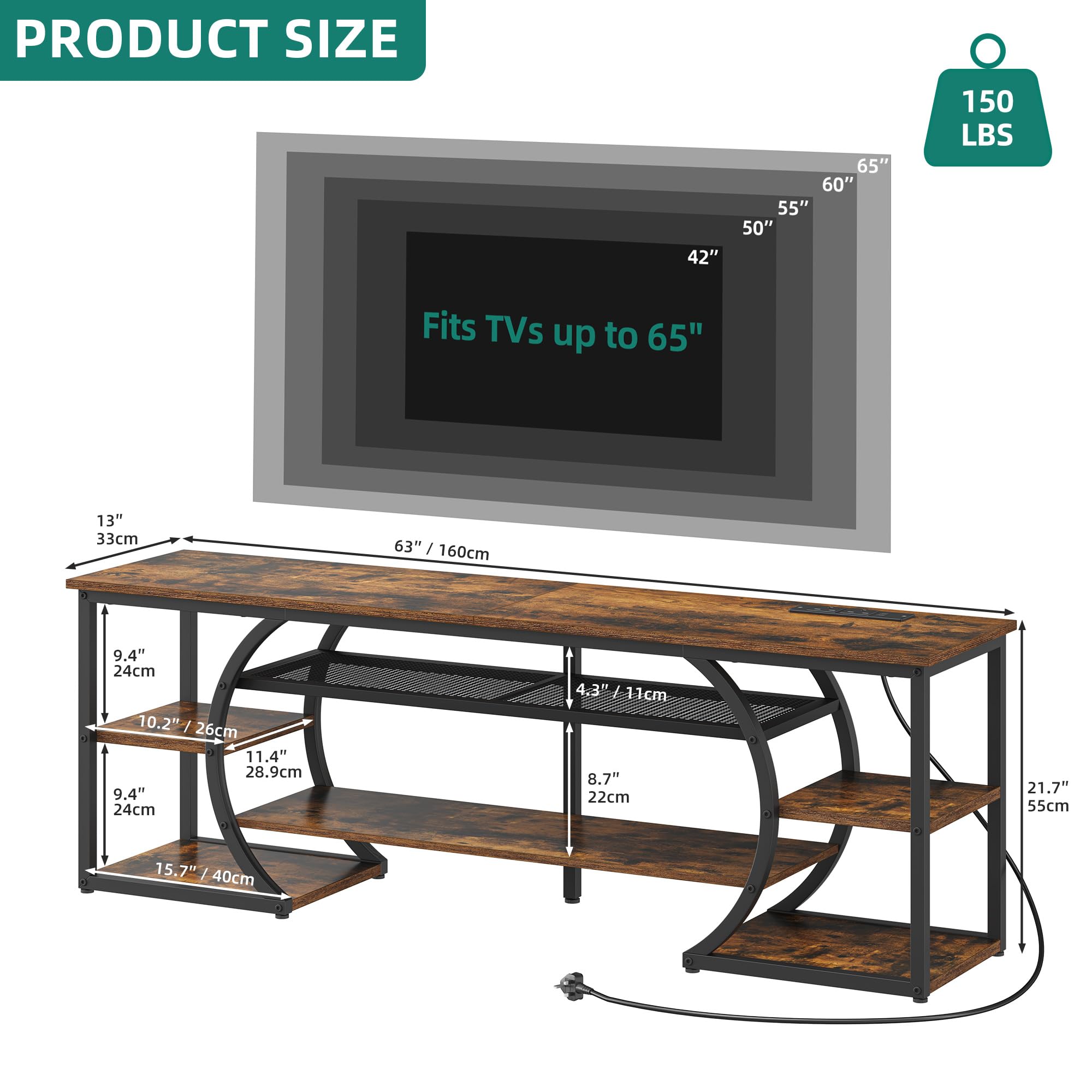 YITAHOME 160cm TV Standschrank mit 2 AC & 2 USB Buchse für Fernseher bis zu 70 Zoll mit 7 RGB LED 22 Modi Lichter Entertainment Center für Wohnzimmer und Schlafzimmer Rustikales Braun