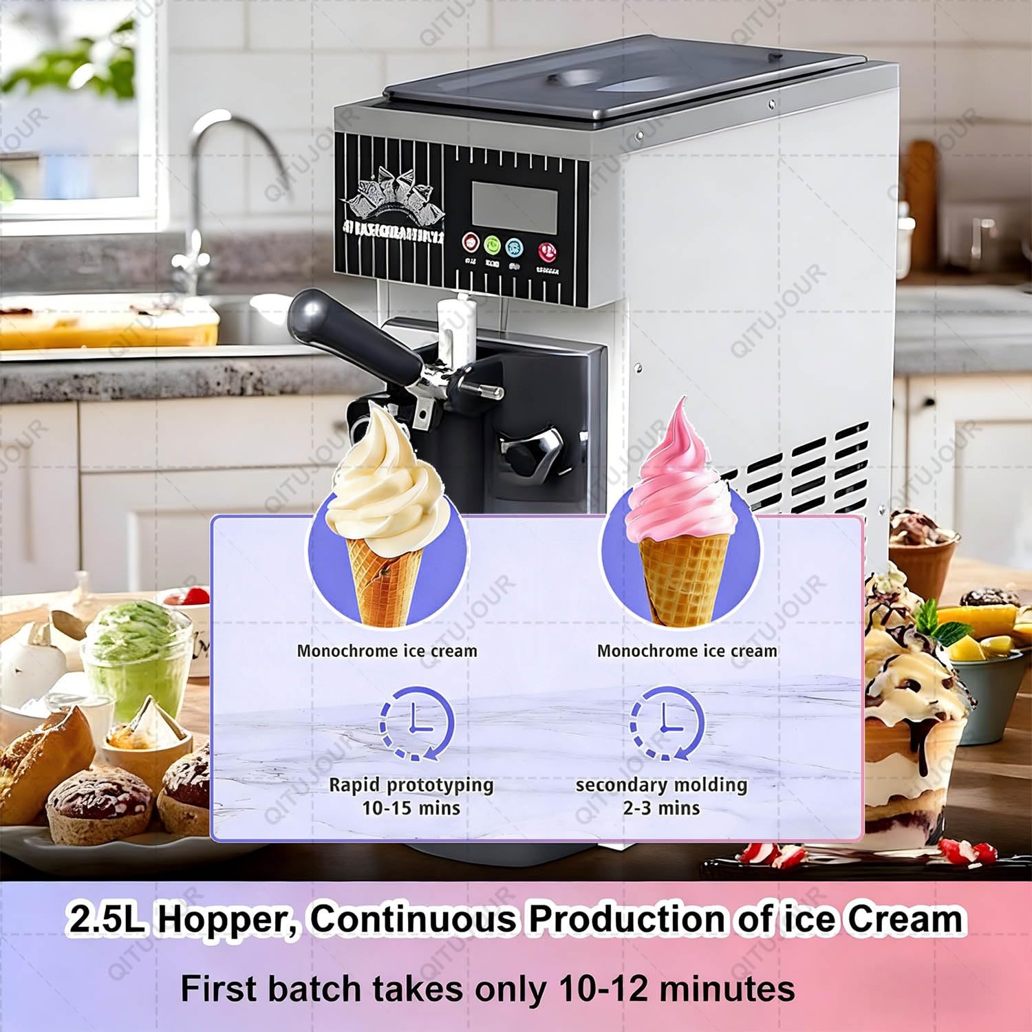 Machine à Glace Italienne Professionnelle De Comptoir En Acier Inoxydable, Mono-Parfum, Panneau LED, 4-5 Kg/H, 80-100 Pièces/H, Idéale Pour Restaurants, Boutiques Et Snacks(Purple)