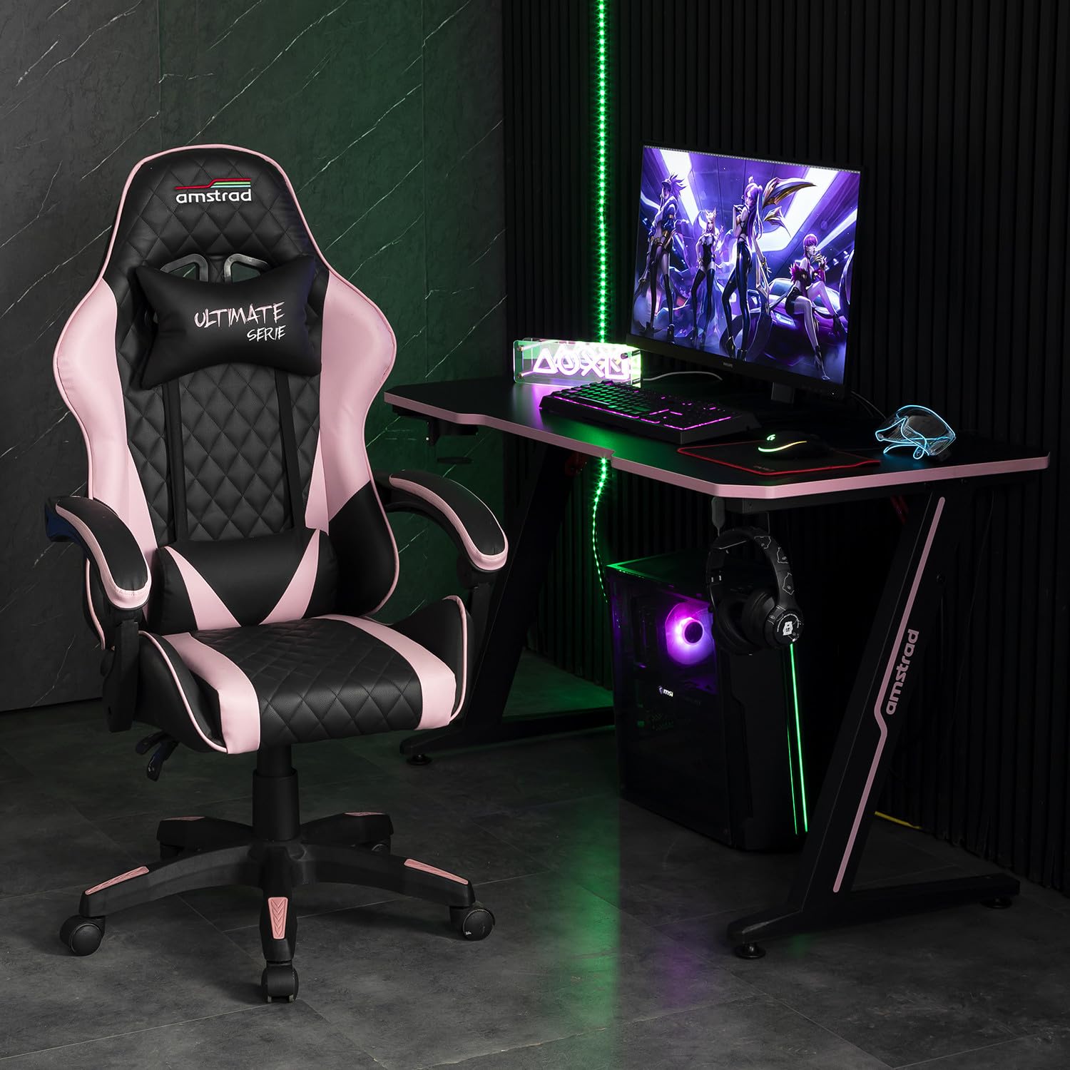 Amstrad Ultimate-Pink Fauteuil/Chaise de Bureau Gamer Coloris Noir & Rose - Coussin Lombaire & appuie tête