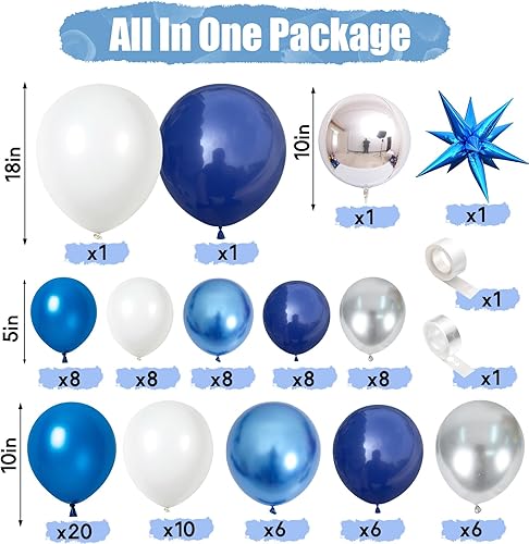 Vista 84 de Kit de arco de globos azules, 107 piezas de globos azul marino y dorado con globos de confeti dorado metálico, globos de fiesta de cumpleaños azul