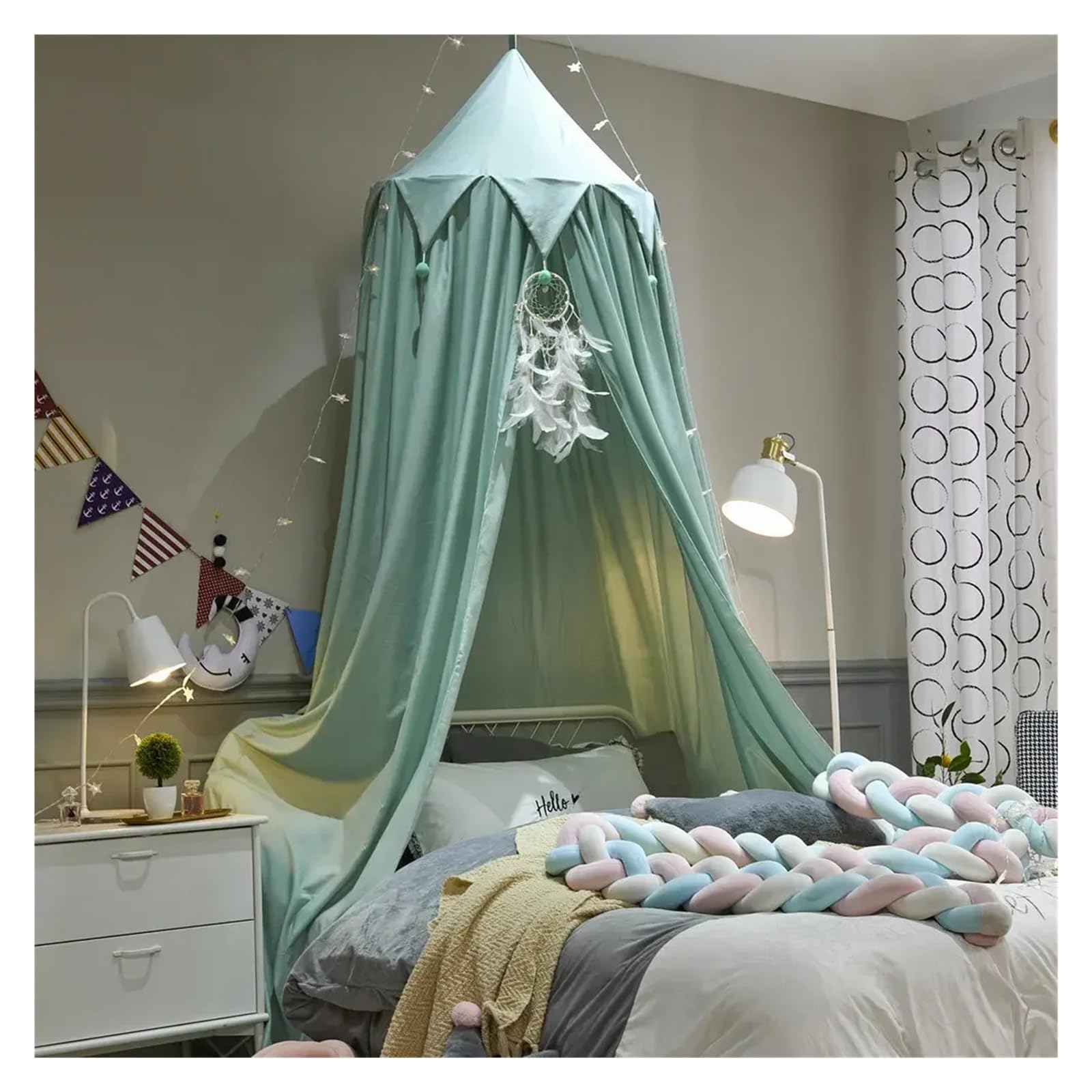 KiddiBubzi Bed Canopy For Kids Tassel Ruffle Edge Bed Canopy Round Dome Hanging Indoor Castle Play Tent Children Room Decoration Bed Tent(Green Drop Ball)