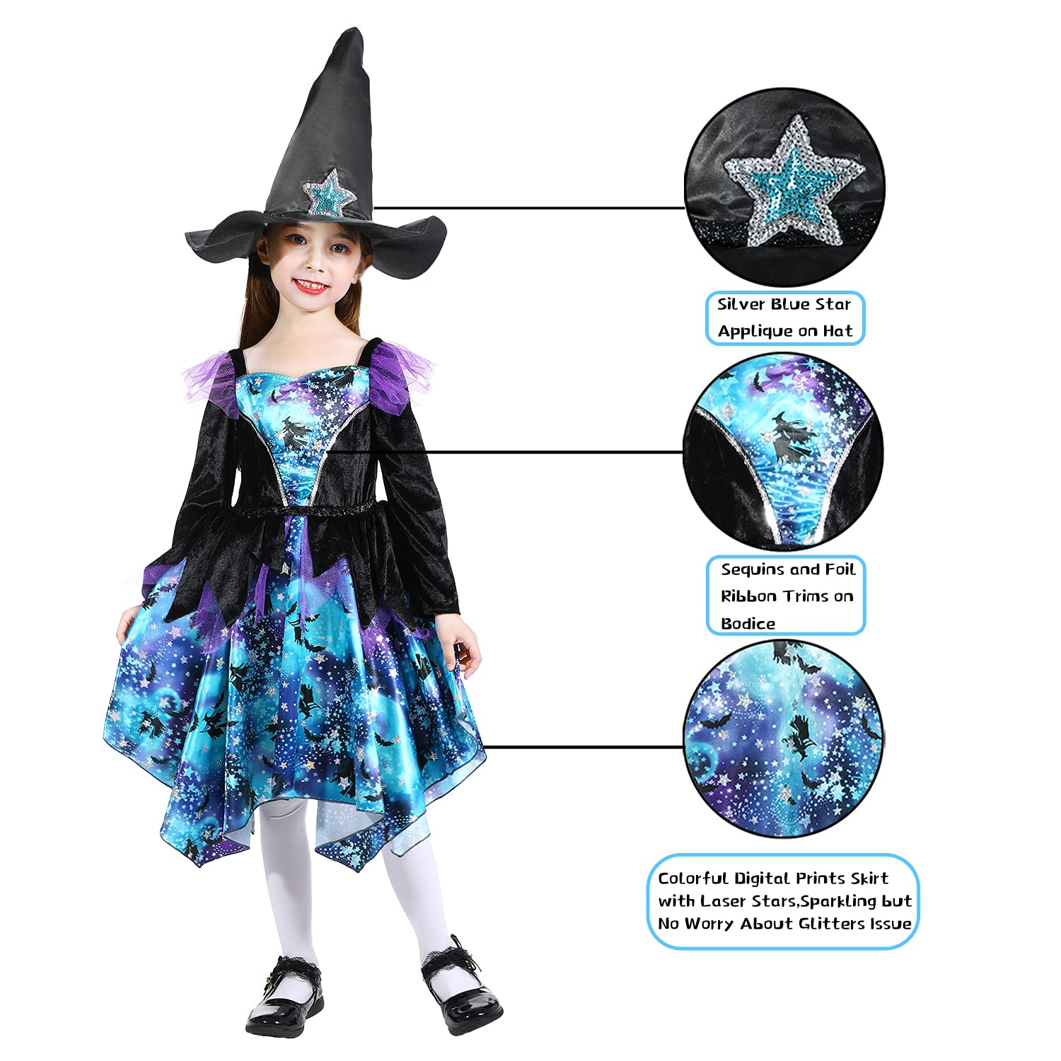 Sincere Party Ragazze Halloween Strega Costume, Deluxe Adorabile Neon Colorato Strega Travestimento con Cappello