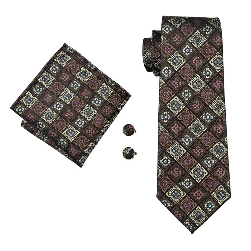 Release Conjunto de Corbata para Hombre Seda Marrón Novedad Corbata Hanky Gemelos Corbatas para Hombres Boda Negocios