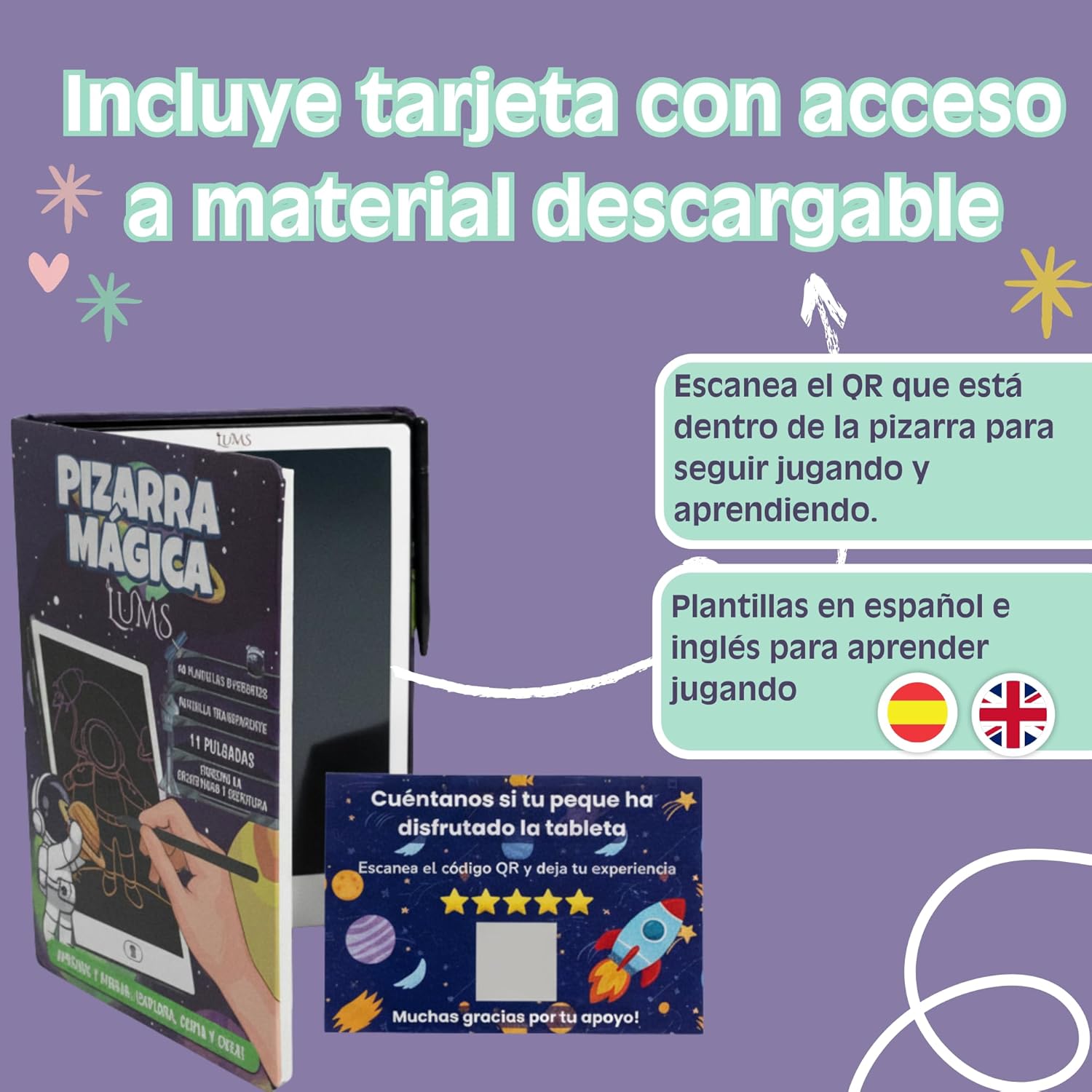 LUMS Children's Magic Board 11 Inches - 40 Cards with Numbers, Letters, Figures and Drawings - Free Downloadable Templates - Educational and Creative Gift for Children 3-6 Years Old - Montessori Toy