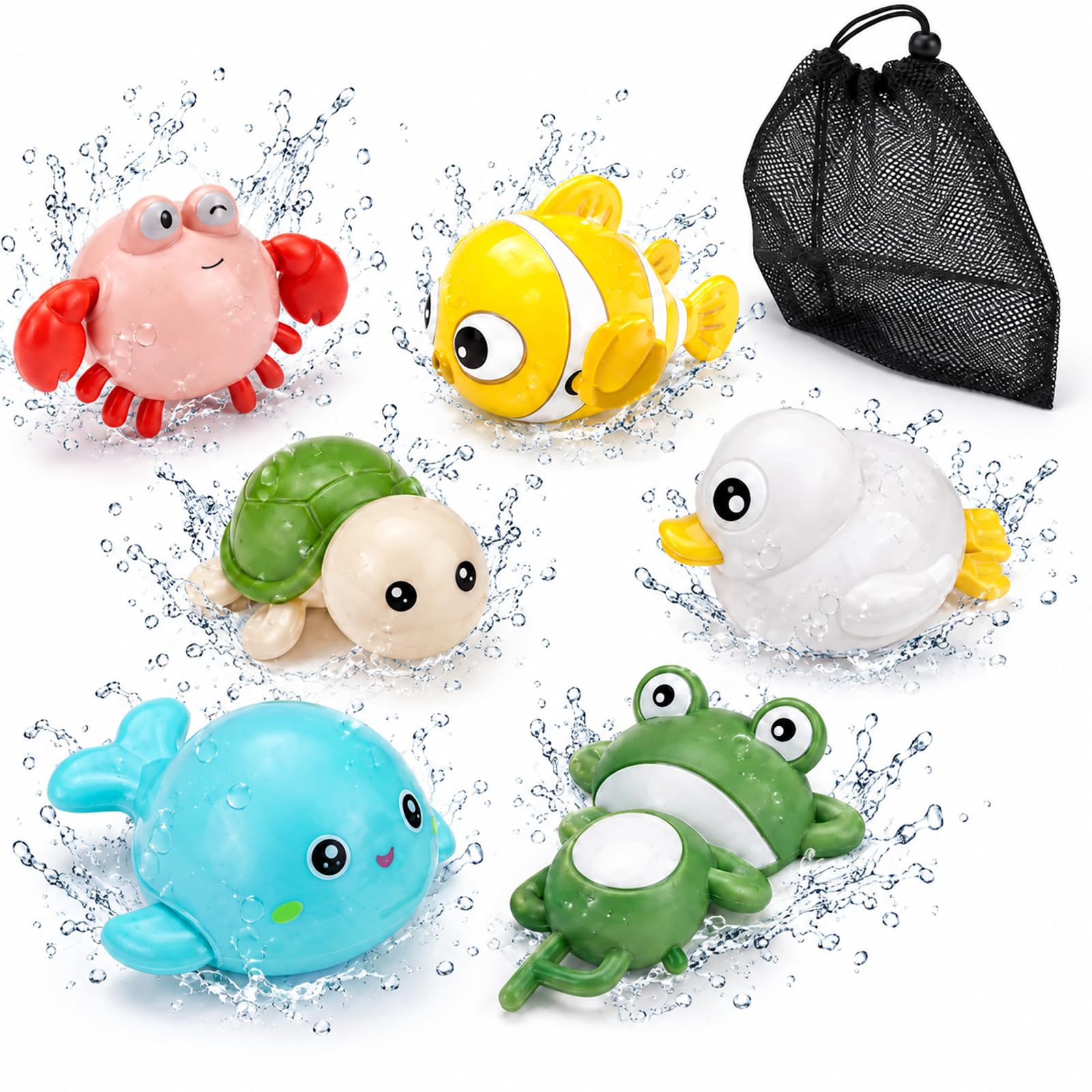 7PCS Bath Animal Figures, Sea Creature Set with Bag for Family Routines