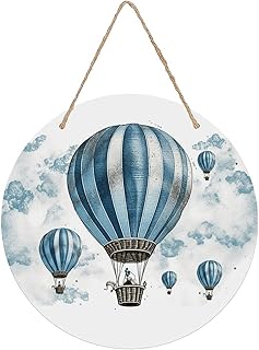 VstaDank Blue Hot Air Balloon Wooden Wall Art Decors Exquisite Round Wood Painting for Wall Print Decorative Picture Fashion Hanging Wall Decor Artwork with Ropes for Office Bar Home Decor