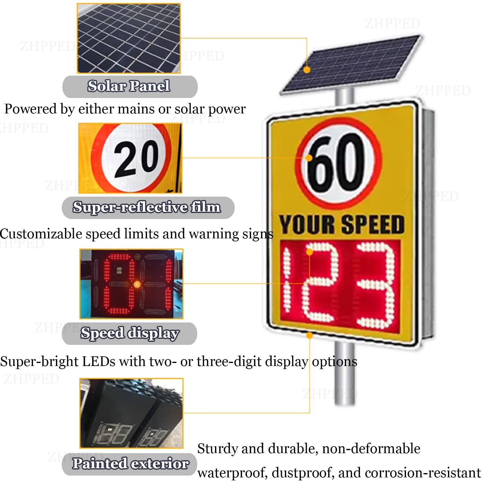 Señal de límite de velocidad con radar solar para seguridad vial, control remoto, gran pantalla digital, alimentada por energía solar para escuelas y seguridad en carreteras.