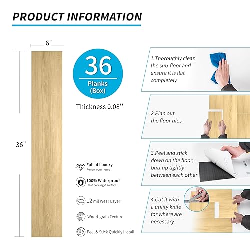 Miniatura 76 de Art3d Paquete de 36 azulejos de vinilo de lujo para despegar y pegar, tablones de madera autoadhesivos de 54 pies cuadrados para cocina, dormitorio