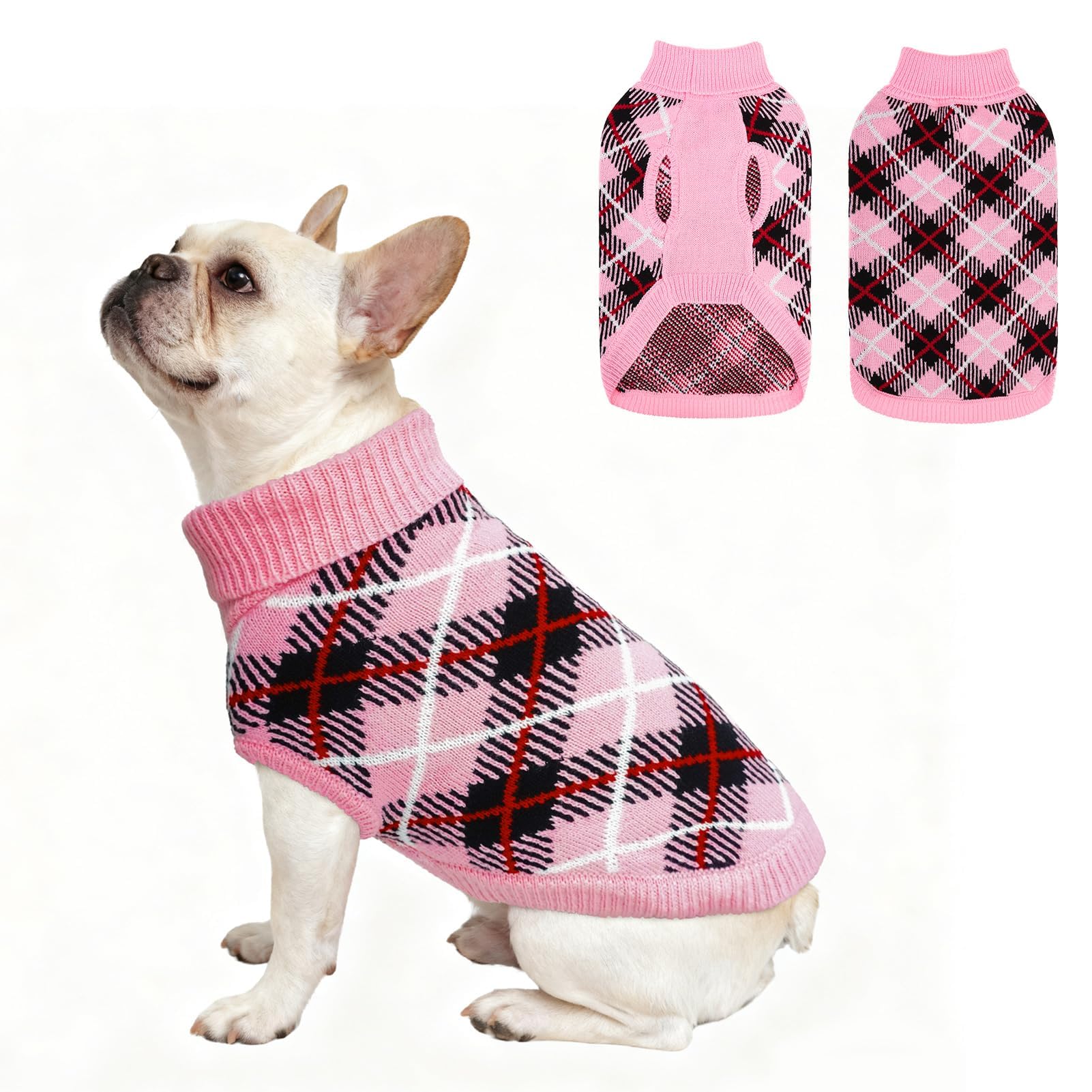 BEAUTYZOO Small Dog Sweater, Cold Weather Puppy Knitwear Girl Boy, Striped_Pink Plaid M