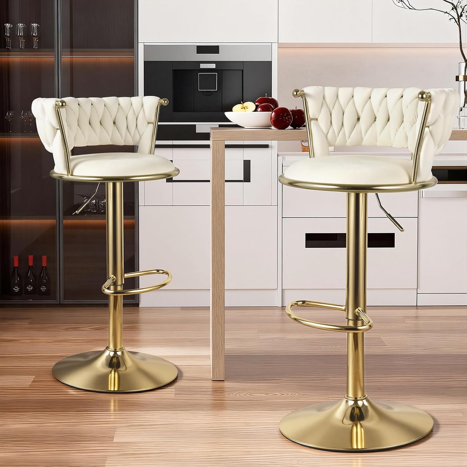Hawthyhome Bar Stools Set of 2 Height Adjustable Bar Stools with Metal Frame Ergonomic Kitchen Stools with Braided Backrest for Kitchen Home Bar Gold/Beige