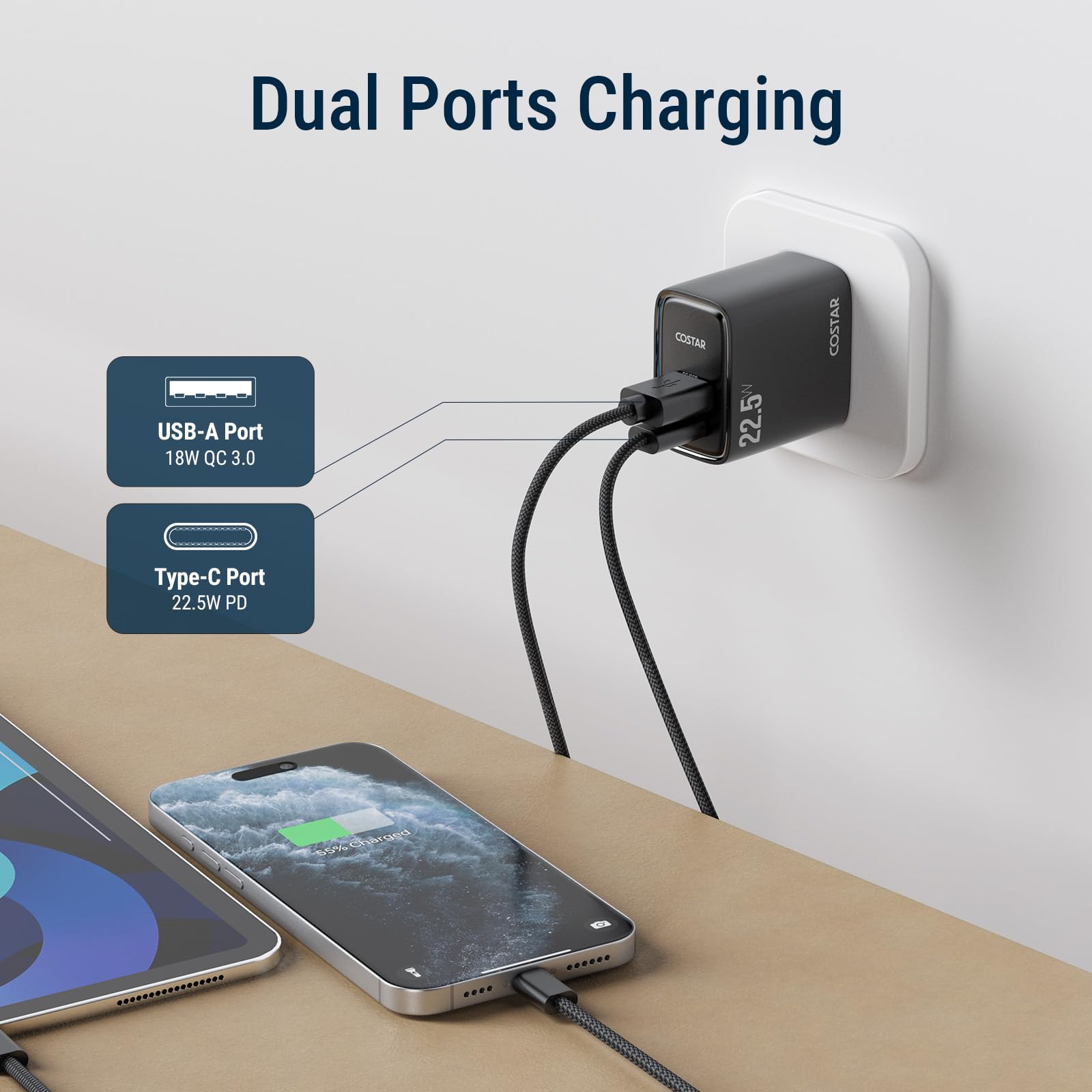COSTAR Original 22.5W Dual Port Charger(USB & Type C), Fast Charger,Compatible with Samsung Galaxy S26, S25, S24, S23(Ultra/+/Fe, S/Z/A/M/F All Series), iPhone,Vivo,Oppo,Realme & Type-C Devices(Black) — Amazon image 5