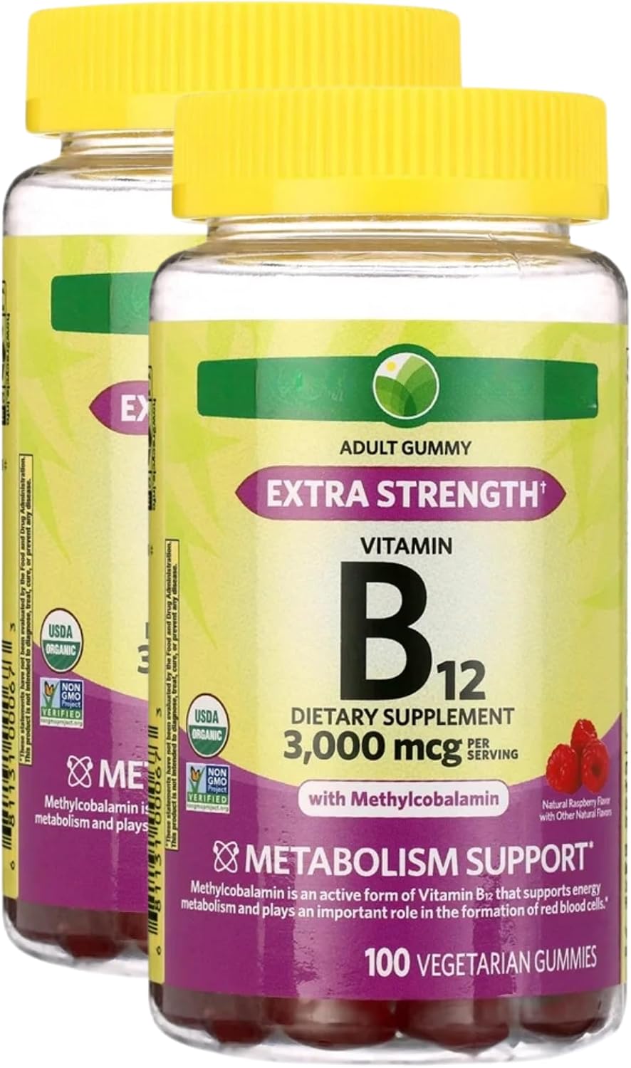 KP+ Spring Valley Vitamin B12 | B12 3,000 mcg Extra Strength | Vitamin Supplement with Methylcobalamin | Metabolism Support | Raspberry Flavor | 100 Vegetarian Gummies | Pack of 2