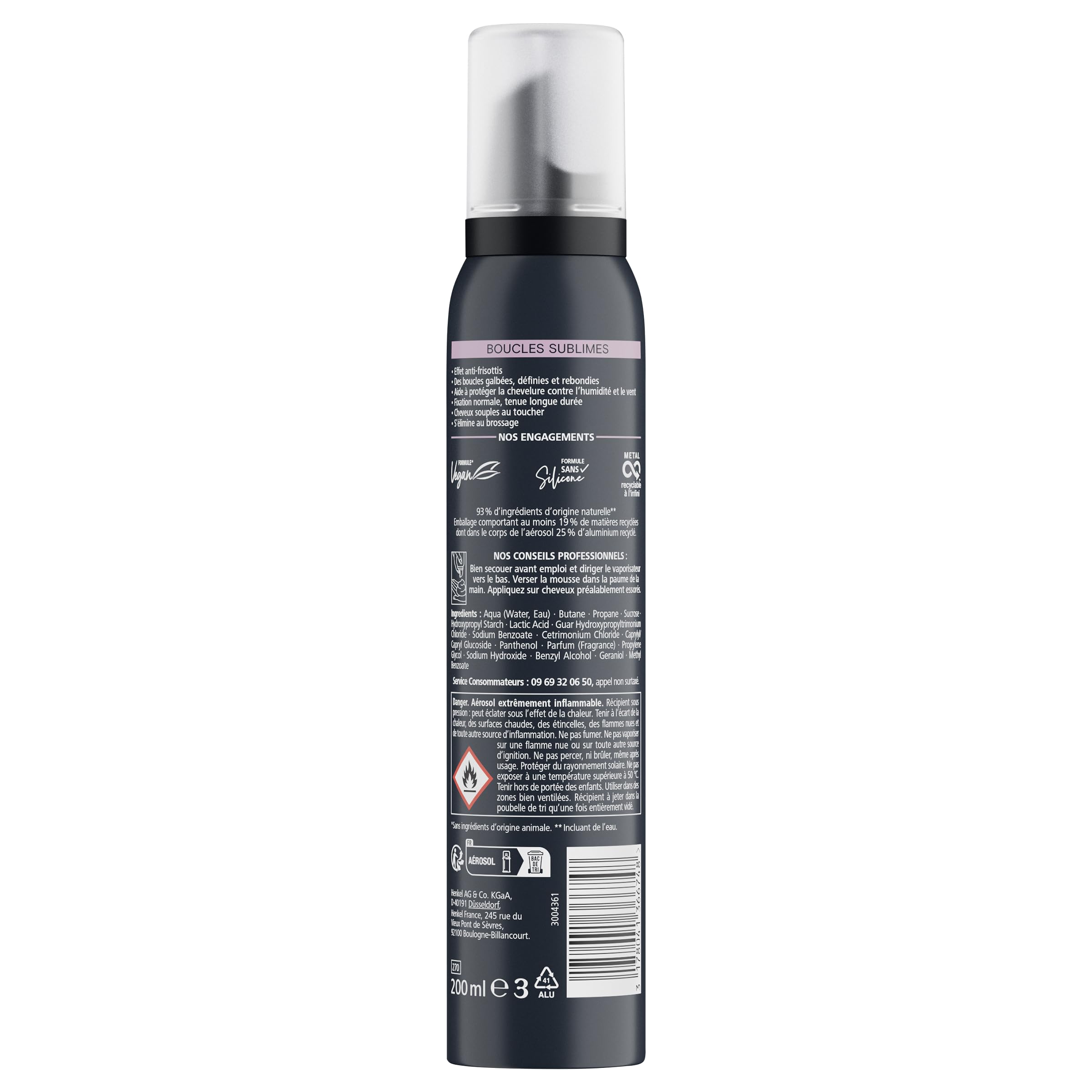 Schwarzkopf, Mousse Boucles Sublimes, Boucles definies et rebondies, Anti frisottis, Formule vegane, Sans silicone, 93% d'ingredients d'origine naturelle, Fixation normale, Tenue longue duree, 200ml